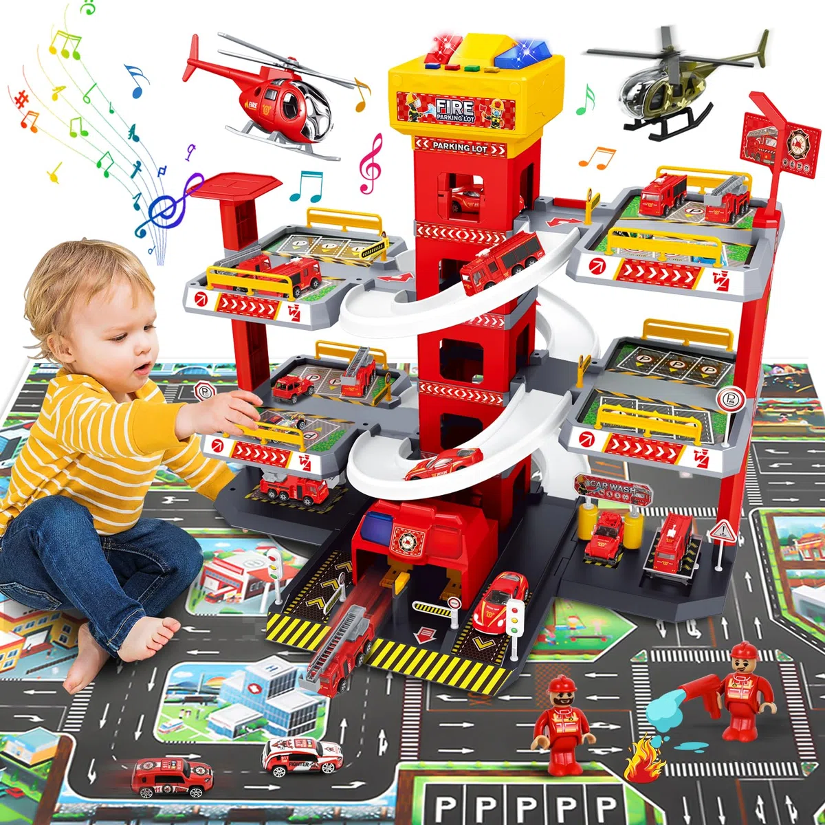 FORMIZON 5 Stockwerke Parkhaus für Kinder, Parkgarage Feuerwehr und Polizei mit Garage, Rampen, Aufzug, Tankstelle, Licht & Sound, Spielzeug Parkhaus mit 12 Autos und 3 Hubschrauber für Kinder (Rot)