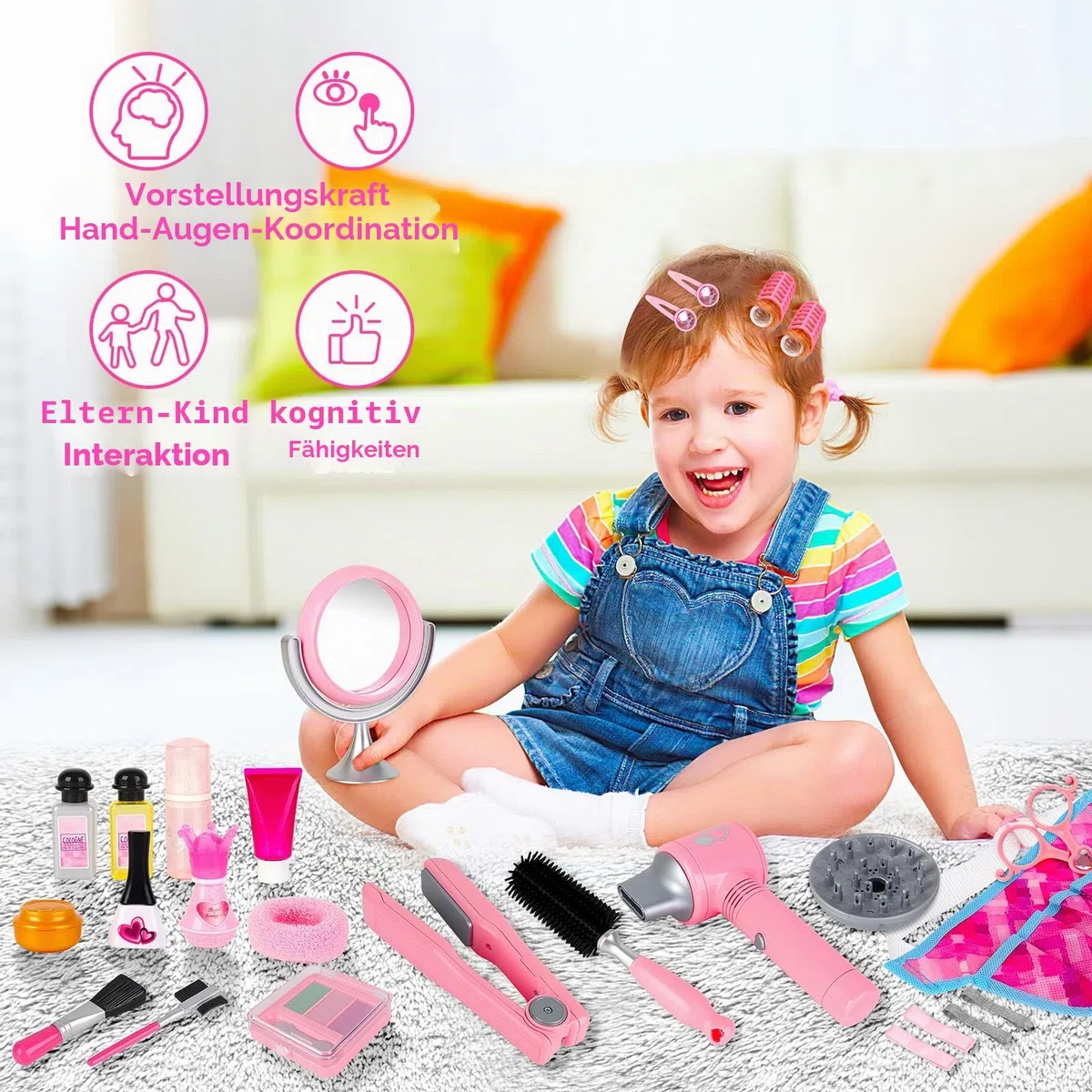 deAO Schönheitssalon-Set für Mädchen, 35-teilig, Modespiel mit Haartrockner, Spiegel, Lockenstab und anderem Zubehör, simuliertes Make-up-Set für Kinder