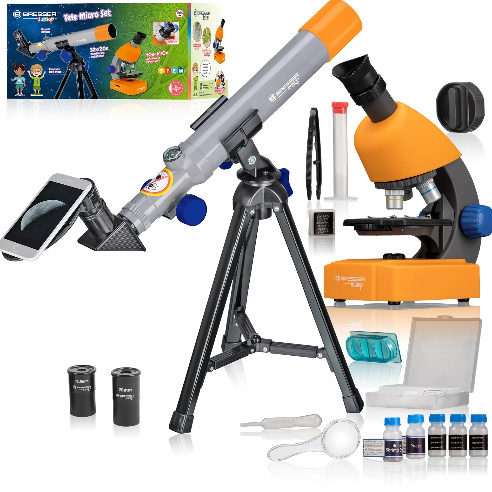 Bresser Junior Mikroskop & Teleskop Set mit Mikroskop 40x-640x Vergrößerung und 40/400mm Teleskop für Kinder ab 8 Jahren