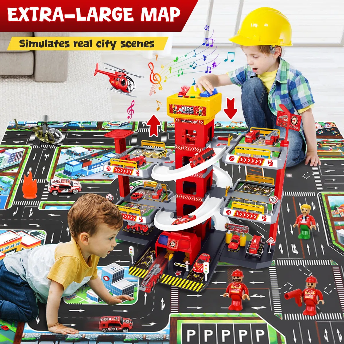 FORMIZON 5 Stockwerke Parkhaus für Kinder, Parkgarage Feuerwehr und Polizei mit Garage, Rampen, Aufzug, Tankstelle, Licht & Sound, Spielzeug Parkhaus mit 12 Autos und 3 Hubschrauber für Kinder (Rot)