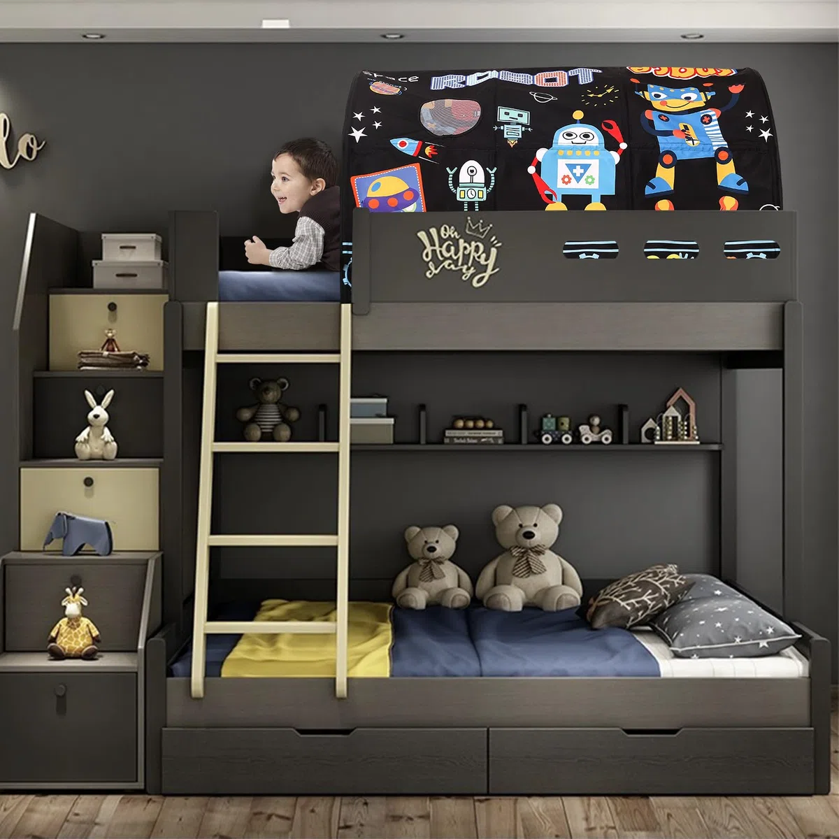 Kinderbettzelt für Einzelbetten – Cartoon-Motive Wonder Play Zelte für Jungen und Mädchen Belüftete Indoor-Zelte für Kinder Fördern die Selbstständigkeit (Roboter)