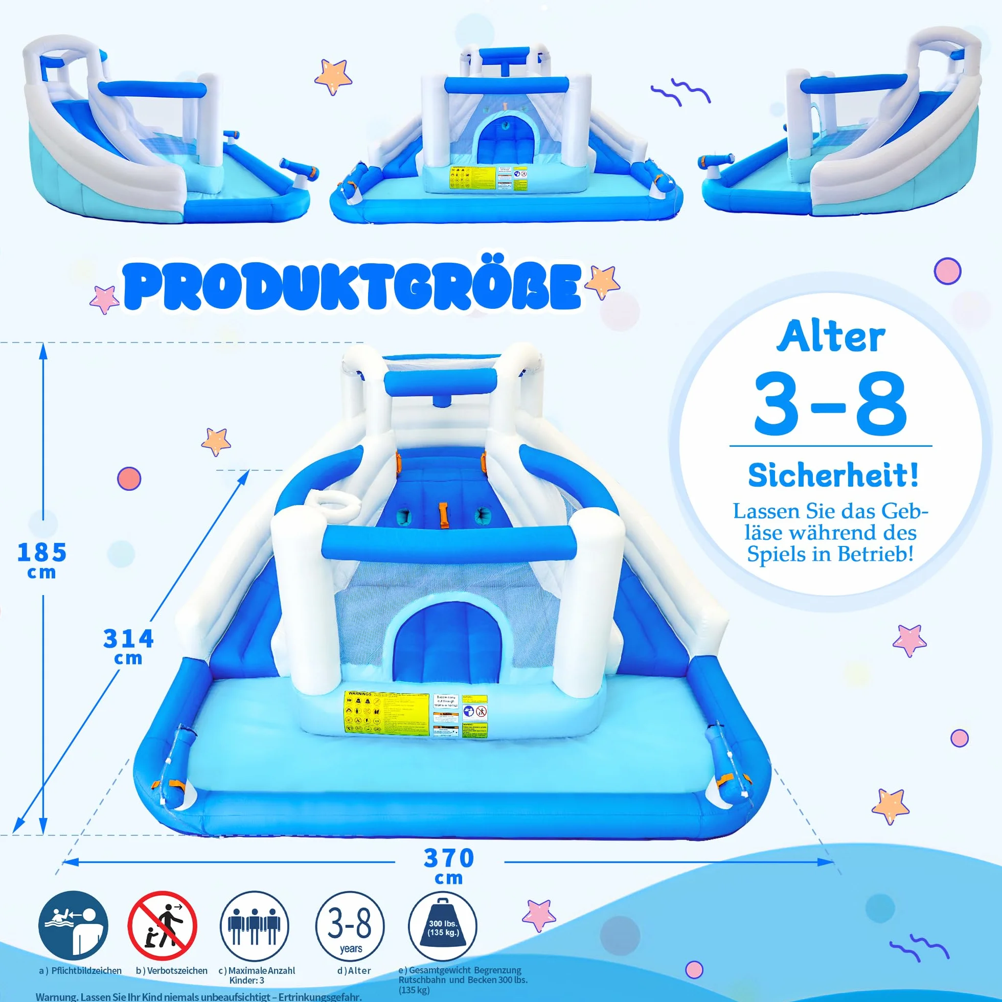 Aufblasbarer Wasserspielpark Hüpfburg mit Wasserrutsche Trampolin Basketballkorb und 2 Wasserpistolen Outdoor Hüpfburg für Kinder, geeignet für Garten und Party