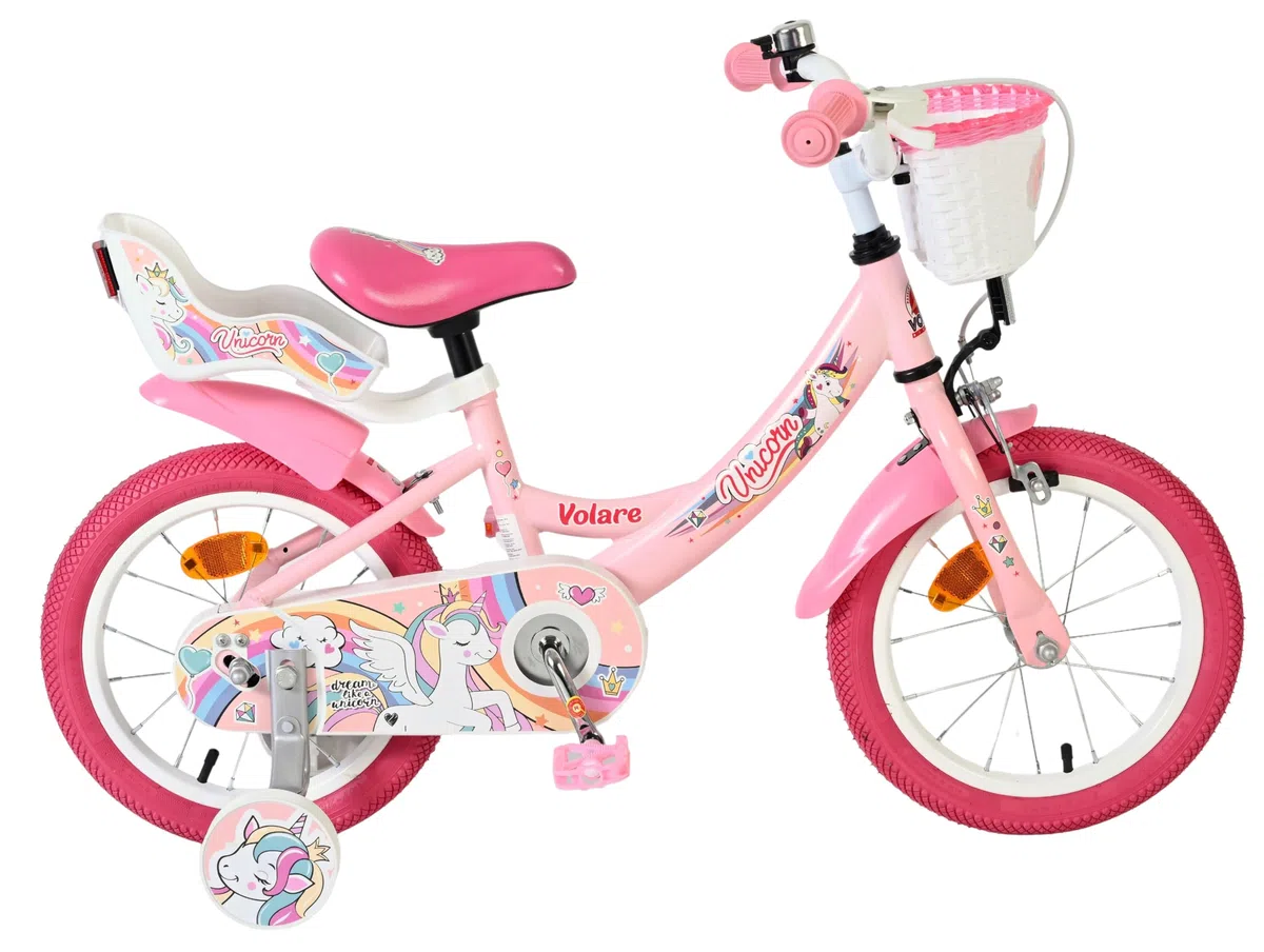 Volare Einhorn Kinderfahrrad Pink | 14 Zoll | 3,5–5 Jahre | Hand- & Rücktrittbremse | Stützräder | Verstellbarer Sattel | Puppensitz & Korb | Geschenk für Mädchen
