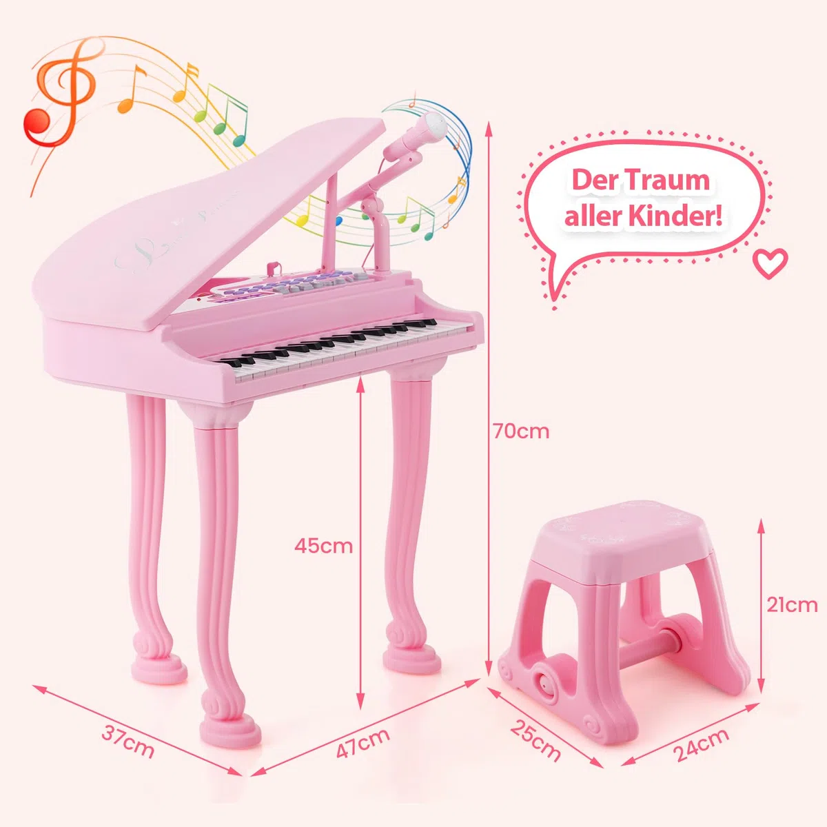 COSTWAY Kinder Keyboard mit 37 Tasten & Hocker, elektronische Klaviertastatur tragbar mit Mikrofon, LED-Lehrmodus, Aufnahme- & Wiedergabefunktion, Musikinstrument für Kinder ab 3 Jahre (Rosa)