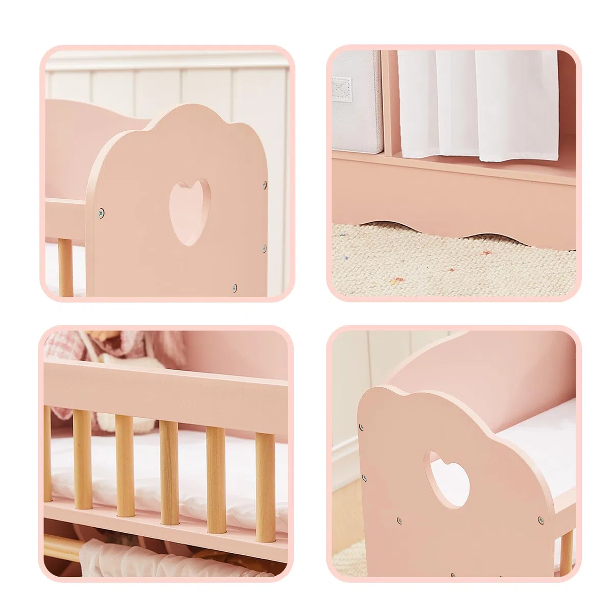 OOOK Puppenbett Holz, Baby Puppen Bett mit Kleiderschrank, Puppenbett und Puppenkleiderschrank mit 2 Aufbewahrungsboxen, Puppenzubehör ab 3 Jahre für Puppen unter 55 cm