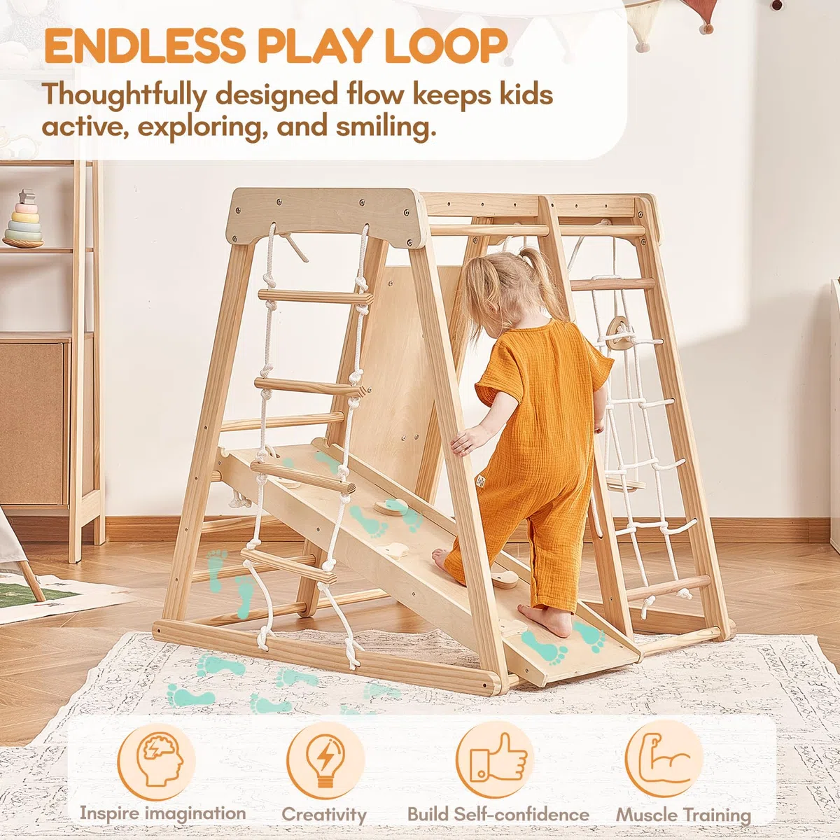Indoor Klettergerüst ab 1-3 Jahre 7 in 1 Montessori Klettergerüst Großes Klettergerüst aus Holz Klettergerüst mit Rutsche, Holz Kletterturm mit Leiter und Rutschbahn für Kinder (1-3 Jungle Gym)