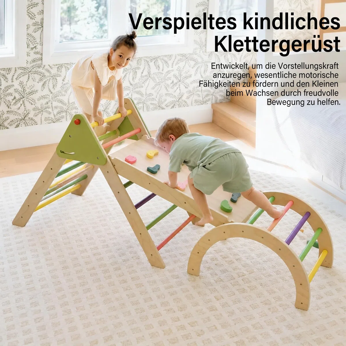 Klettergerüst Indoor Spielset 7-in-1 Klettergerüst mit Rutsche,Bogen für Kleinkinder und Kinder
