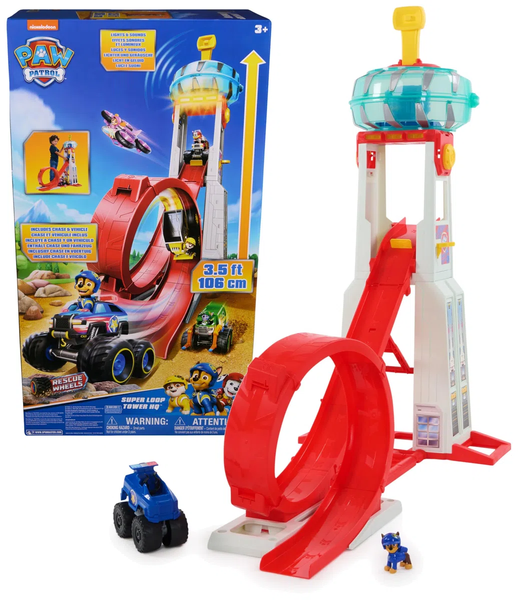 PAW Patrol Rescue Wheels - Superloop Tower, extragroßer Tower mit Startrampe und Looping, Licht- & Geräuscheffekten, inkl. Chase Monstertruck und Figur, Spielzeug für Kinder ab 3 Jahren