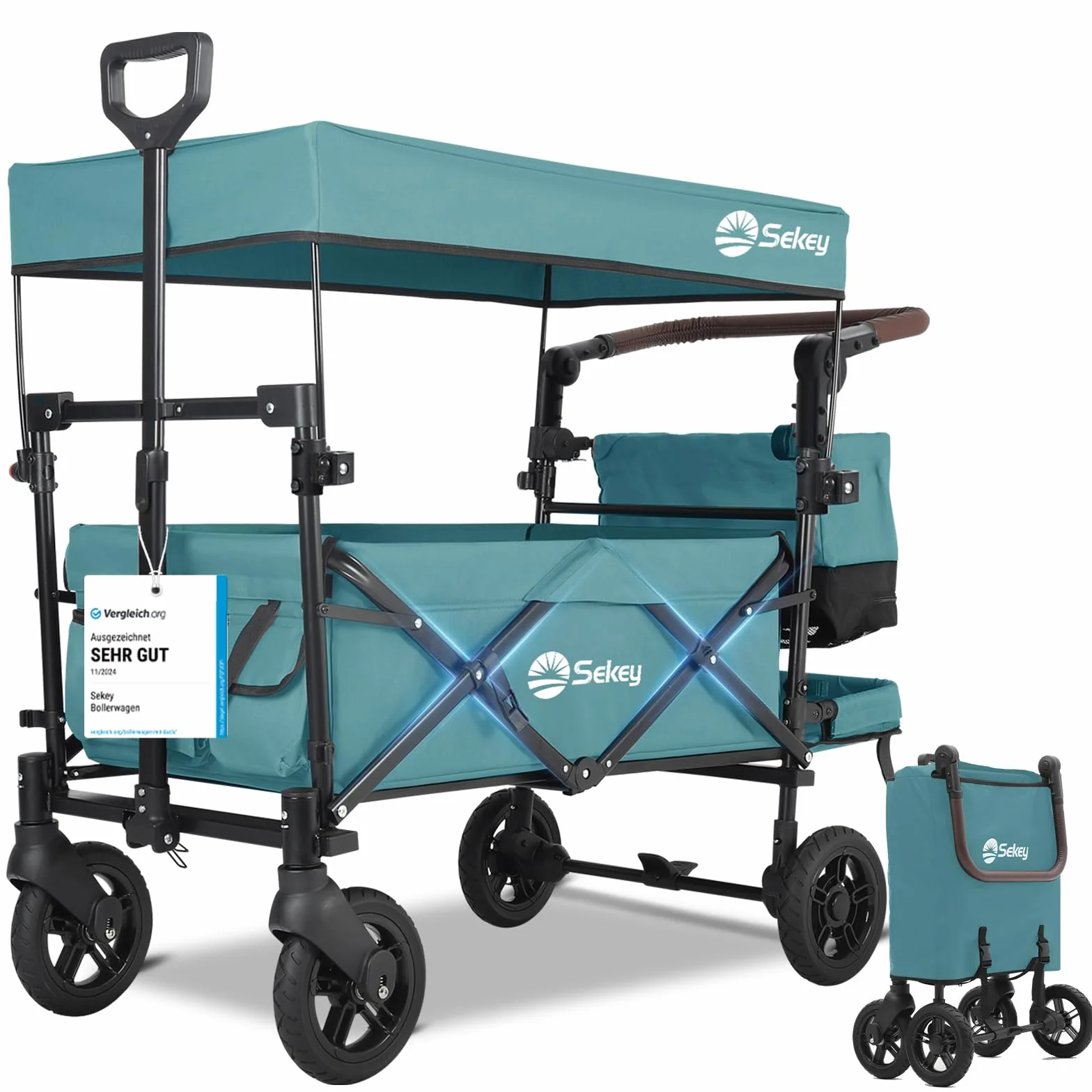 Sekey Bollerwagen Faltbar mit Dach 2 Kinder 100KG, Faltbarer Bollerwagen Handwagen Schiebegriff, Kinderwagen Stoßfest PU Räder mit Bremsen 110L, SS5050, Dunkelgrün, Regenschutz Nicht enthalten