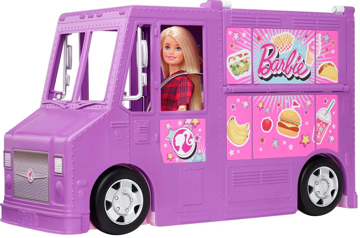 Barbie Fresh 'n' Fun Food Truck, lila Food Truck mit 30 Zubehörteilen, Puppen, Geschenk für Kinder ab 3 Jahre,GMW07
