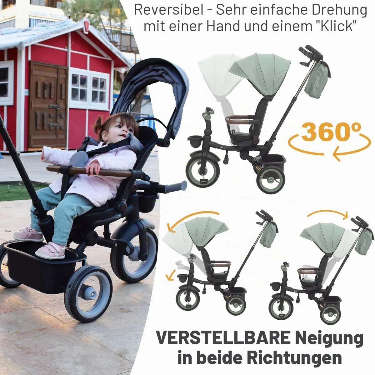 Twinly SAMI Dreirad ab 1 Jahr mit Schubstange – Mitwachsendes & Faltbares Kinderdreirad bis 5 Jahre, Drehbarer Sitz, Liegefunktion, Sonnendach UPF50+, Freilauf & Sicherheitsgurt – Dark Green
