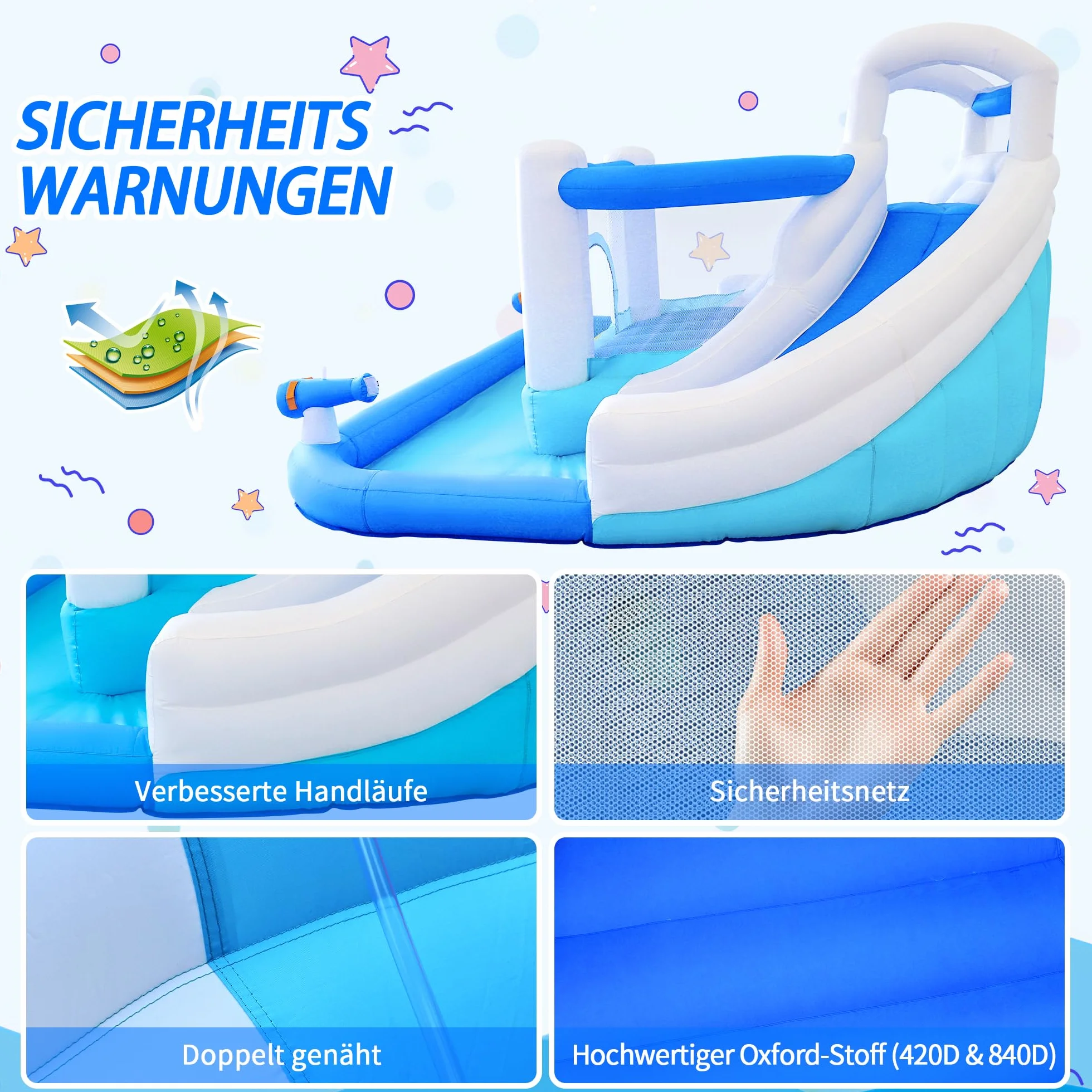 Aufblasbarer Wasserspielpark Hüpfburg mit Wasserrutsche Trampolin Basketballkorb und 2 Wasserpistolen Outdoor Hüpfburg für Kinder, geeignet für Garten und Party