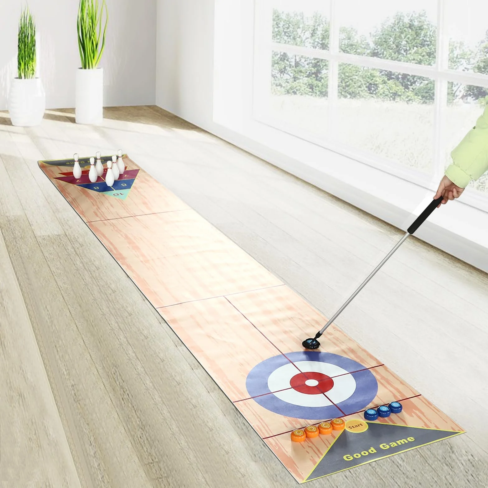 3 in 1 Shuffleboard Bowling Tischspiele 360x57cm, Tragbares Shuffleboard Tischkegelspiel Curling Spiel mit 6 Bowling und 2 Puttern für Kinder Familie Party