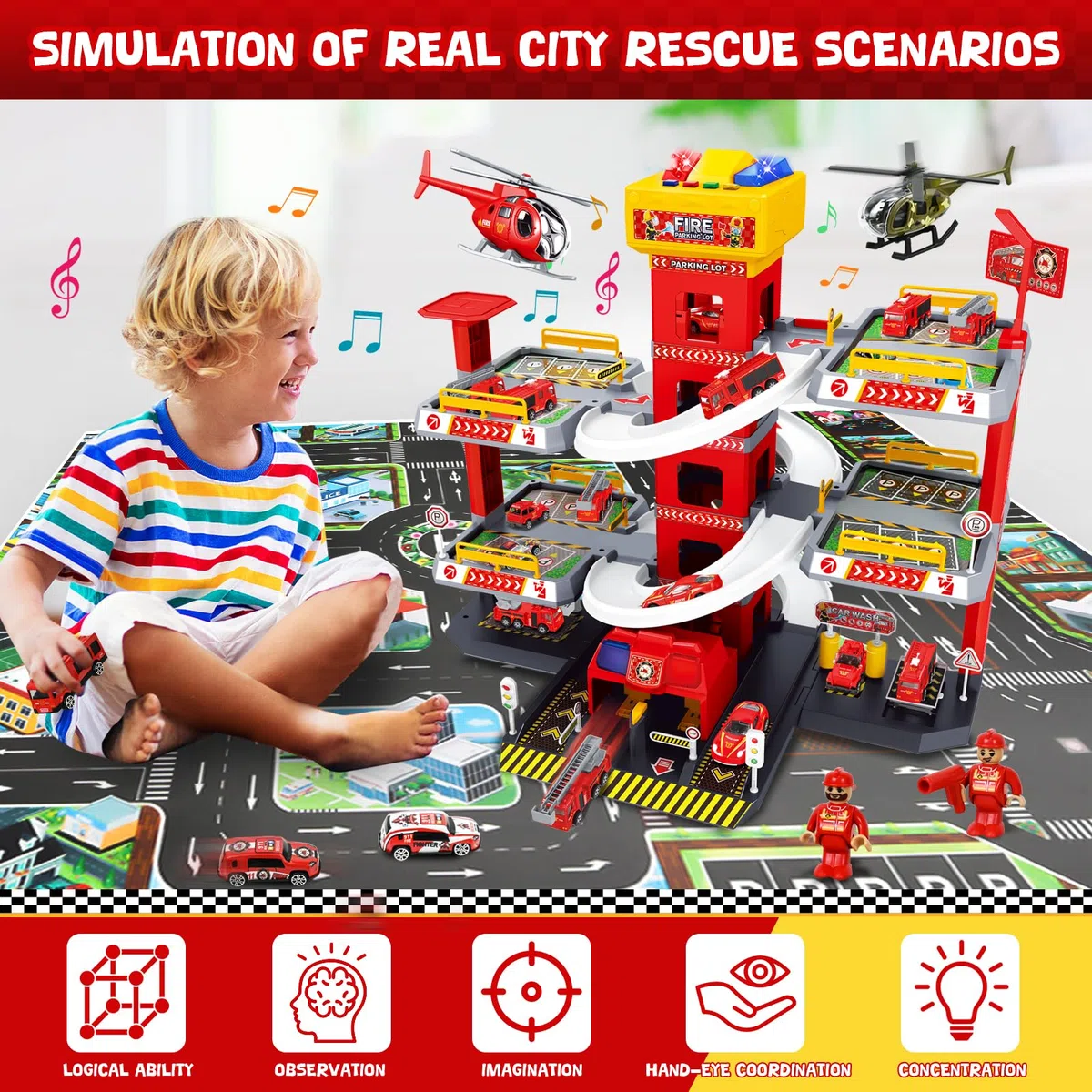 FORMIZON 5 Stockwerke Parkhaus für Kinder, Parkgarage Feuerwehr und Polizei mit Garage, Rampen, Aufzug, Tankstelle, Licht & Sound, Spielzeug Parkhaus mit 12 Autos und 3 Hubschrauber für Kinder (Rot)