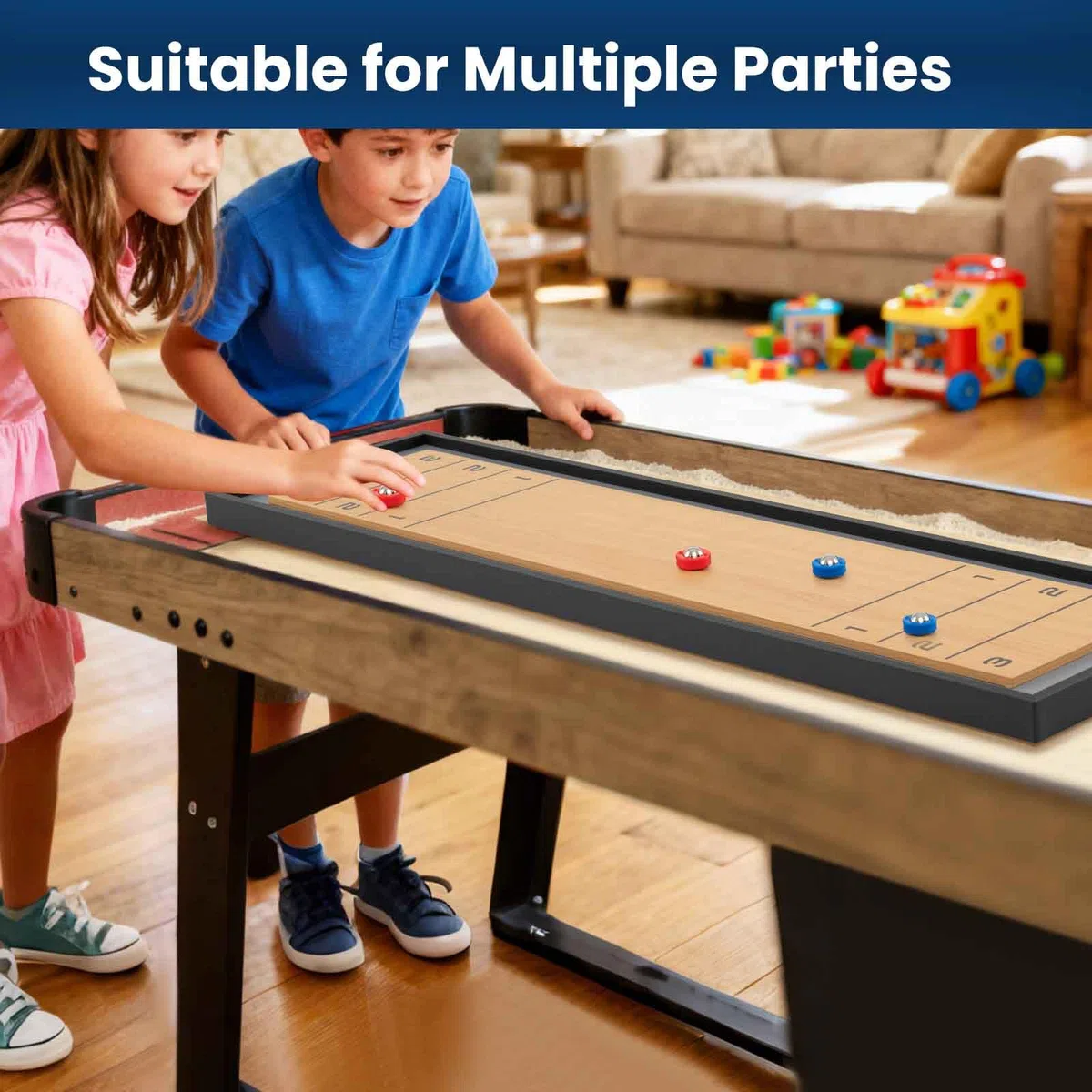 HOMASIS 2 in 1 Spieltisch mit Shuffleboard & Curling, tragbarer Shuffleboard-Tisch Curling Spiel mit 8 Pucks, Brettspiele Tischkegelspiel Multi Tischspiel Set für Kinder & Erwachsene