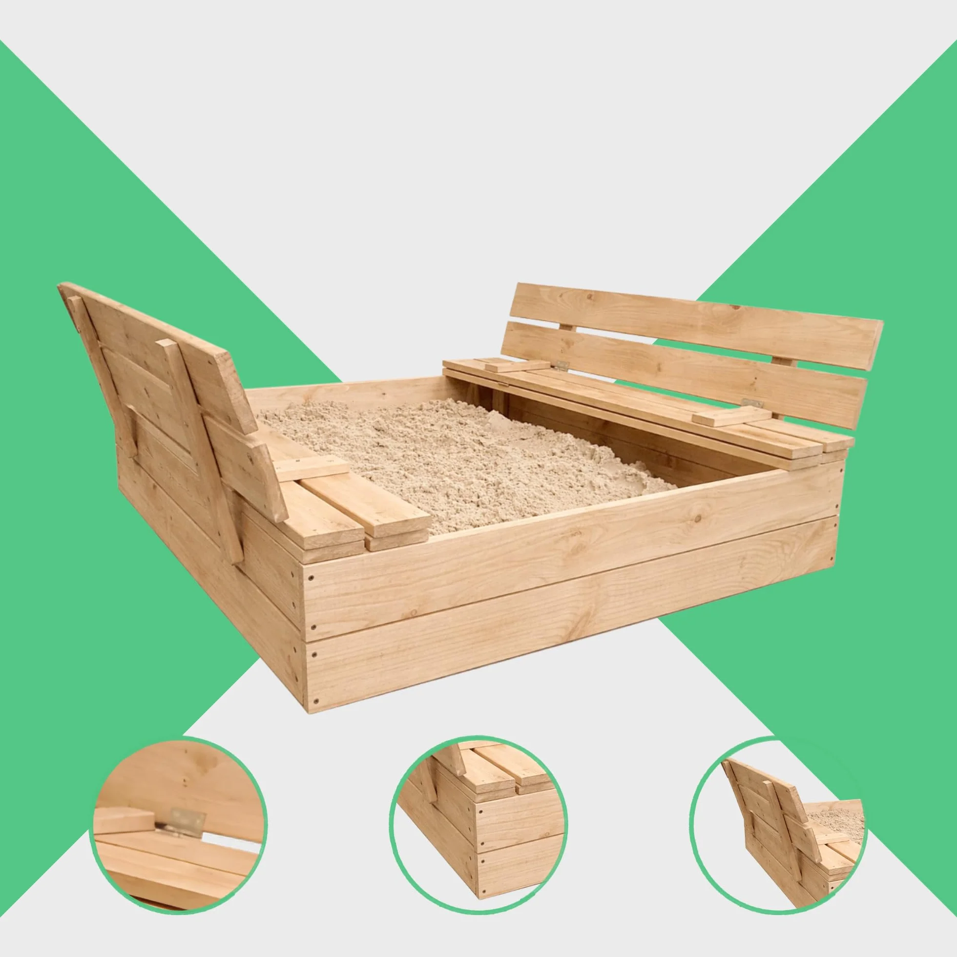 Sandkasten mit Abdeckung - 120 x 120 cm - Sandkasten Holz mit Deckel & Sitzbänken - Gartenspielzeug für Kinder - Sandkiste Imprägniert - Sandbox - Naturholz