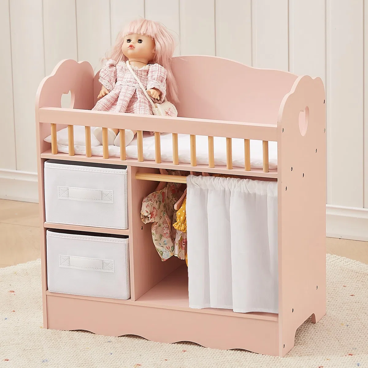 OOOK Puppenbett Holz, Baby Puppen Bett mit Kleiderschrank, Puppenbett und Puppenkleiderschrank mit 2 Aufbewahrungsboxen, Puppenzubehör ab 3 Jahre für Puppen unter 55 cm