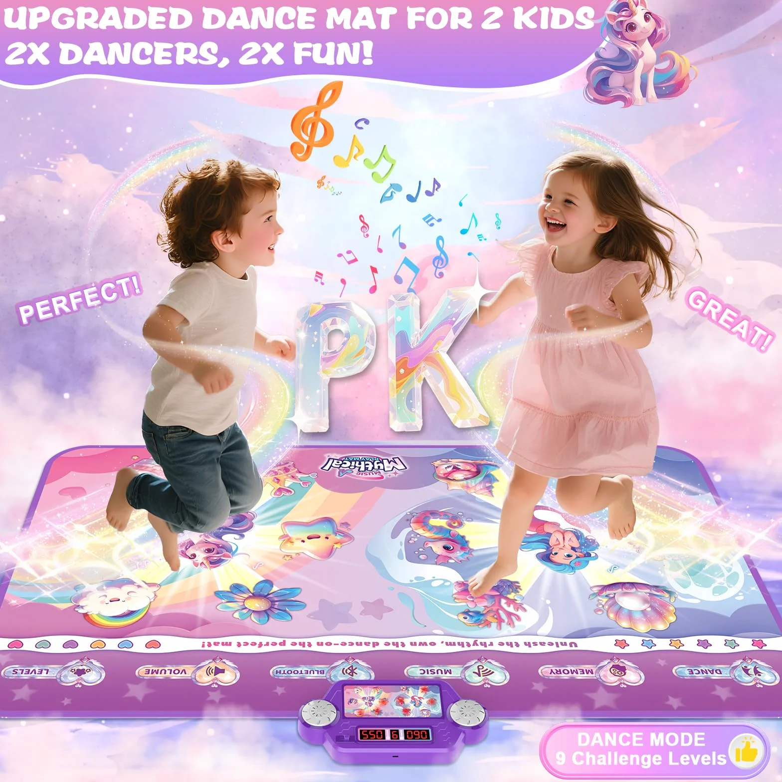 2026 Upgraded Bluetooth Tanzmatte für 2 Kinder, Rechargeable 2-Spieler Interaktiv tanzmatten (4 Upgraded-Modi), Kindertanzmatten mit LED Batterie box, Geburtstag Geschenk für Mädchen/Jungen 3-12, Pink