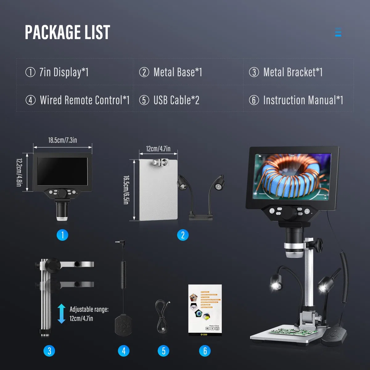 7 Zoll Digital Mikroskop, 1200X Vergrößerung 12MP 1080P Aufnahme mit 8 Verstellbaren LED Leuchten, IPS Bildschirm, PC Verbindung für Lötarbeiten, Wissenschaft, Kompatibel mit Windows