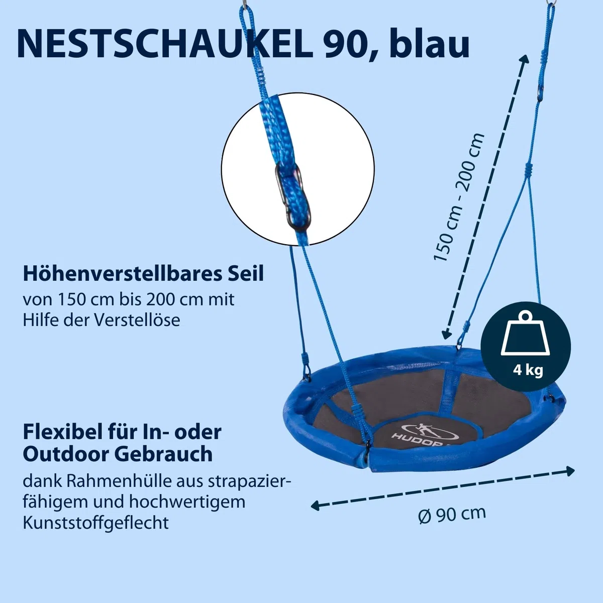 HUDORA Nestschaukel 90 - Kunststoff-Nestschaukel für bis zu 100kg - Hängeschaukel mit 90cm Durchmesser für drinnen & draußen - Höhenverstellbare Familienschaukel für Kinder & Erwachsene