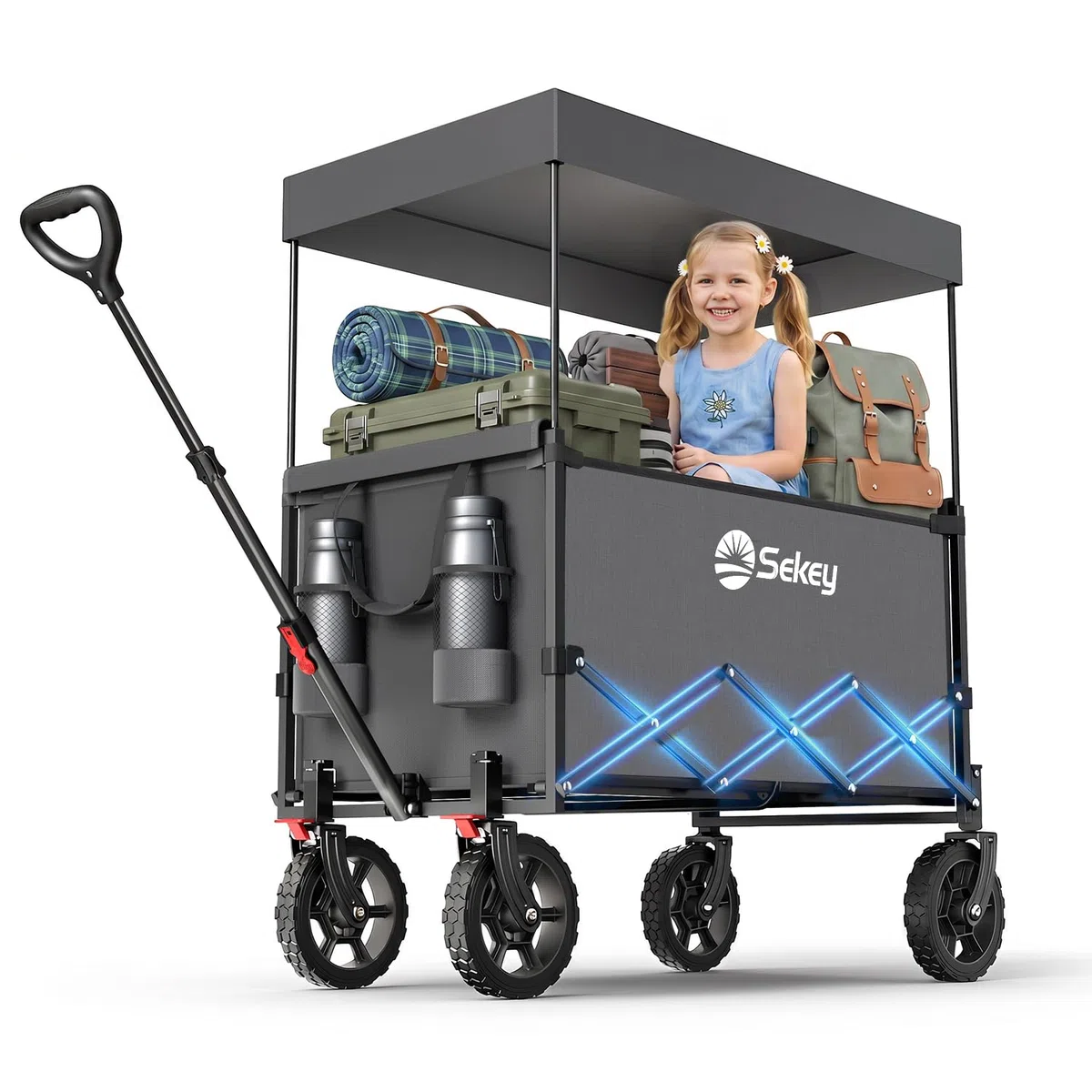 Sekey XXL Bollerwagen Faltbar Kinder 150L 150KG, Faltbarer Bollerwagen mit Dach Klappbarer Handwagen mit Sonnenschutz für Ausflug Strand Camping, S4018, Grau