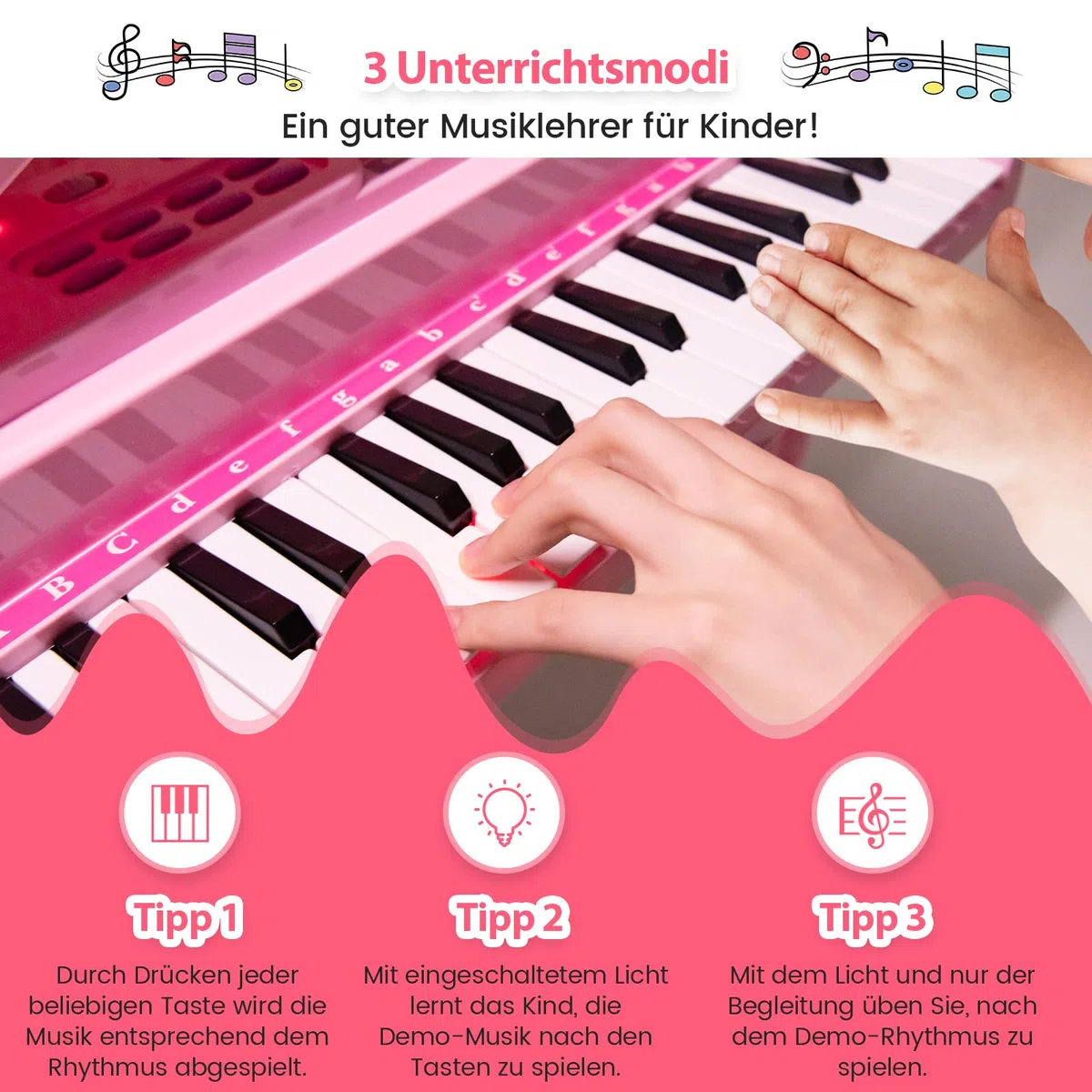 COSTWAY Kinder Keyboard mit 37 Tasten & Hocker, elektronische Klaviertastatur tragbar mit Mikrofon, LED-Lehrmodus, Aufnahme- & Wiedergabefunktion, Musikinstrument für Kinder ab 3 Jahre (Rosa)
