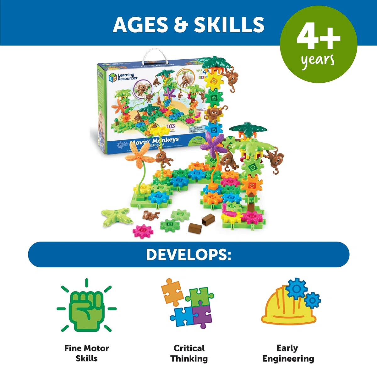 Learning Resources Gears! Gears! Gears! Kletteraffen, Ab 4 Jahren, 136-teiliges Set, Fördert Feinmotorik und Problemlösung, Kreatives Bauen mit Zahnrädern und Dschungelmotiven