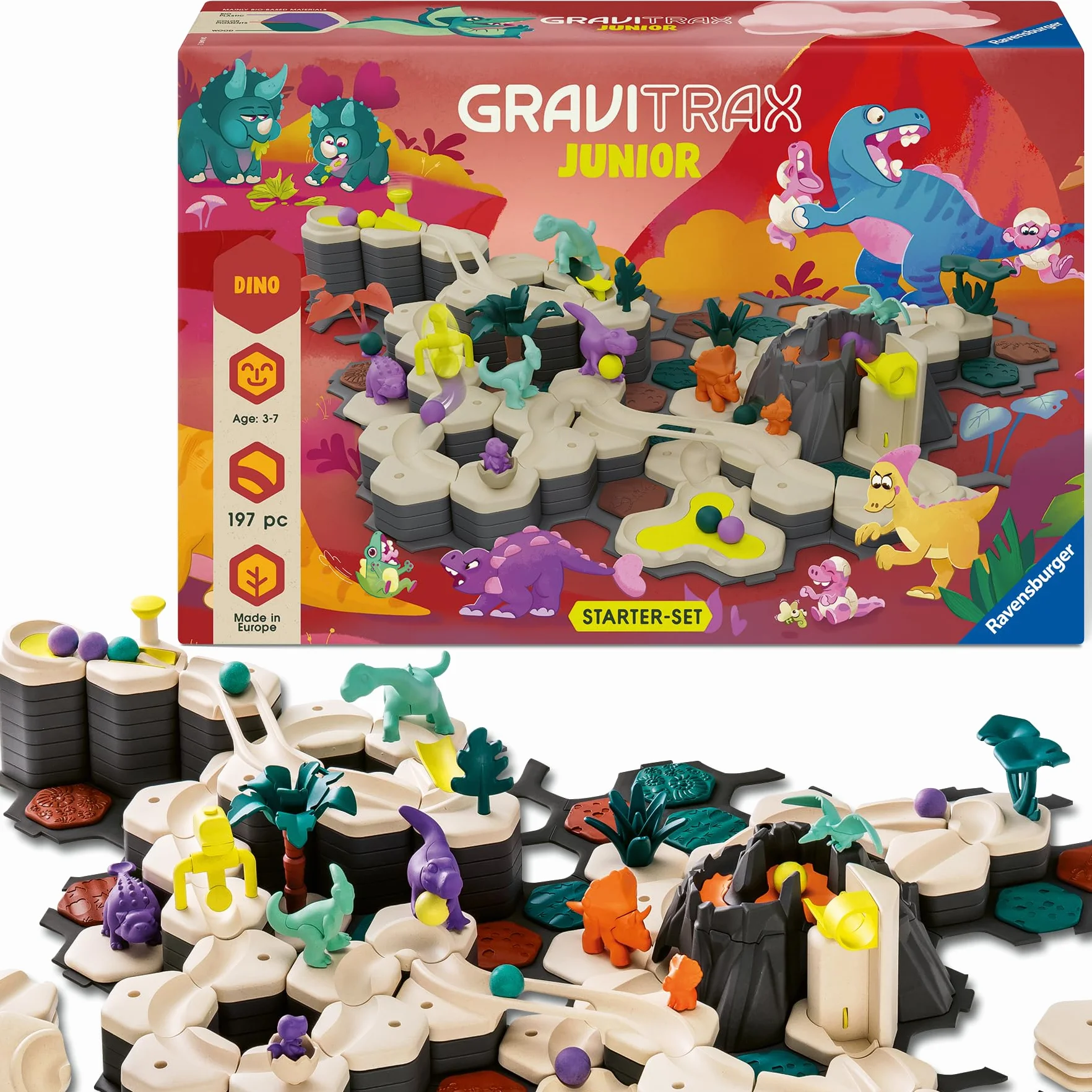 Ravensburger GraviTrax Junior Starter-Set XXL Dino 24845 - Kugelbahn ab 3 Jahre - Murmelbahn und Konstruktionsspielzeug für Kinder, Dino Geschenk für Jungen und Mädchen