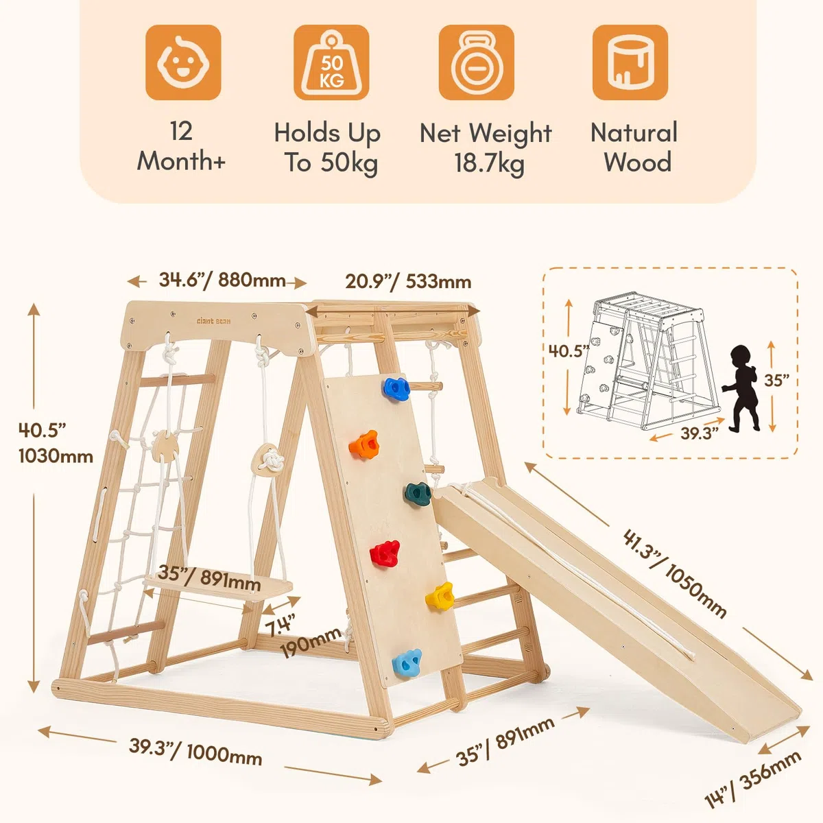 Indoor Klettergerüst ab 1-3 Jahre 7 in 1 Montessori Klettergerüst Großes Klettergerüst aus Holz Klettergerüst mit Rutsche, Holz Kletterturm mit Leiter und Rutschbahn für Kinder (1-3 Jungle Gym)