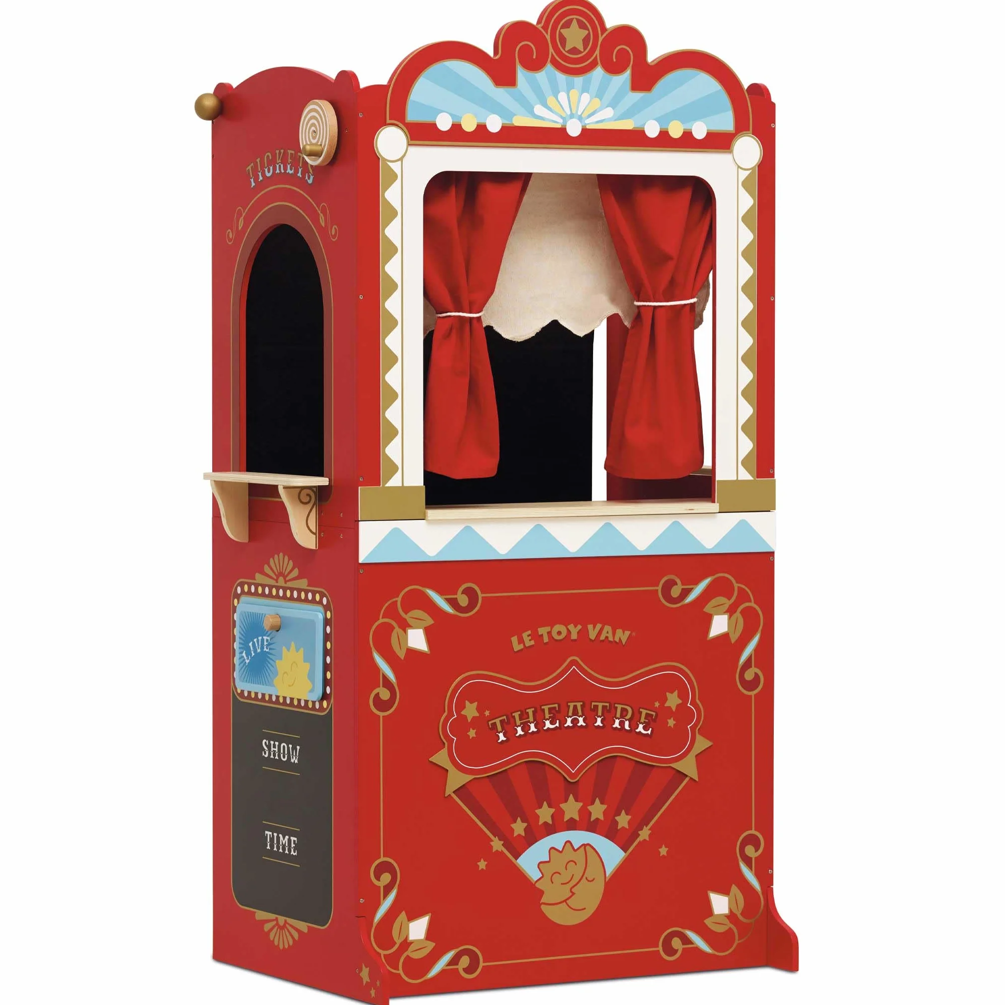 Le Toy Van - TV333 - Lernspiel ab 3 Jahren, große Holzpuppe und Puppentheater, 122 cm hoch, Montessori-Spielzeug, mit Wendeschild, 2 Tafeln, Vorhang mit echten Vorhängen
