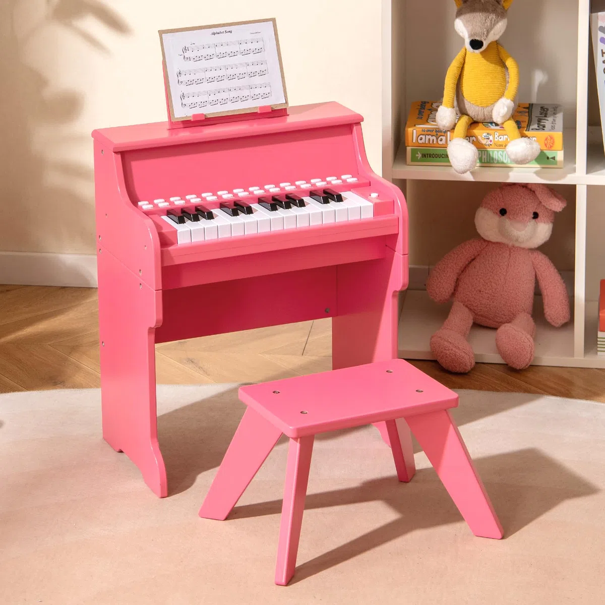 COSTWAY 25-Tasten Keyboard Kinder, elektronisches Kinderklavier mit Hocker, verstellbarem Mikrofon & Notenständer & Lehrmodus , Kinderpiano Klaviertastatur für Kinder ab 3 Jahren (Rosa)