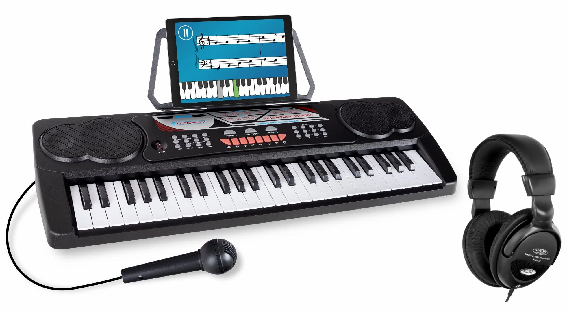 McGrey BK-4910BK Keyboard Set - Kinder Keyboard mit 49 Tasten - Einsteigerkeyboard mit 16 Sounds und 10 Rhythmen - Piano mit Mikrofon für Gesang und Notenständer - Inkl. Kopfhörer - Schwarz