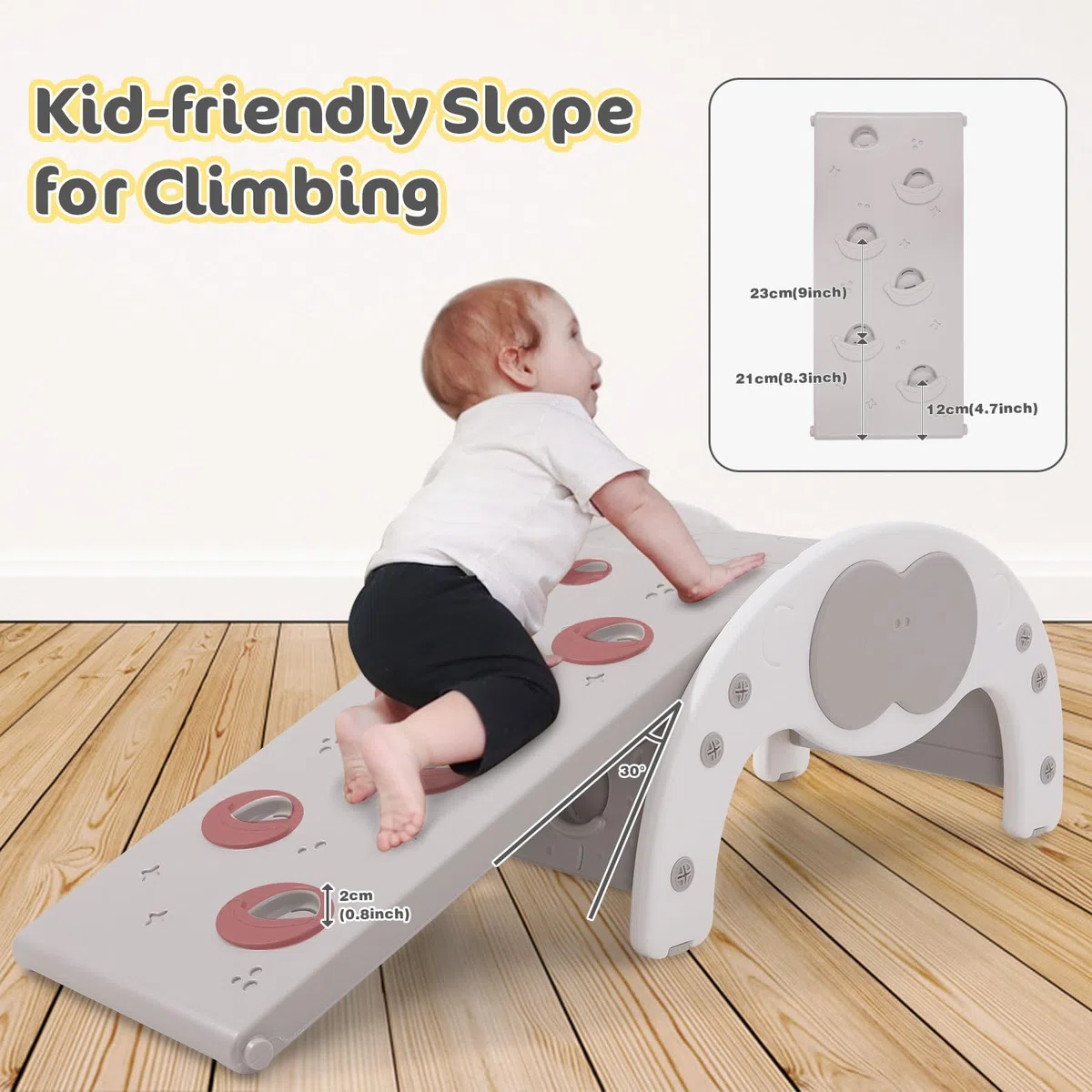 Klettergerüst Indoor mit 2 Doppelseitigen Kletterbrettern, 3 in 1 Kinderrutsche, Baby Klettergerüst, Grau