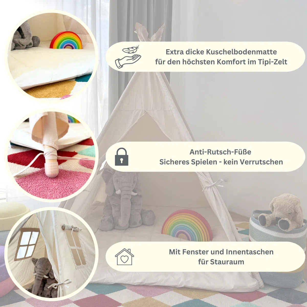 Tipi Zelt für Kinder (Sandburgen Beige) – Spielzelt aus Silky Cotton & Holz inkl. Kuschelmatte, Tragetasche & SafeCuddle Stabilisator | Tippi Kinderzelt Indoor für das Kinderzimmer