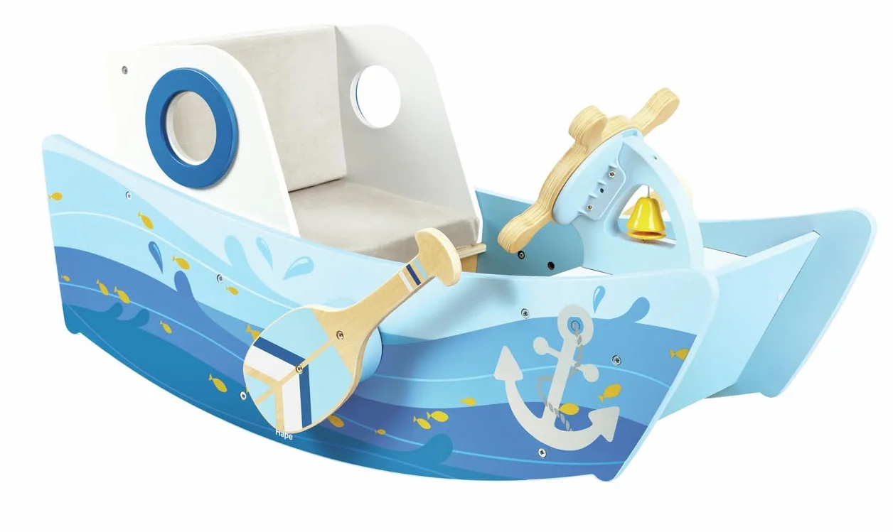 Hape Schaukelboot, fördert Balance und Motorik, mit funktionalen Ruderpaddeln und gepolstertem Sitz, Holz-Schaukelspielzeug ab 12 Monaten