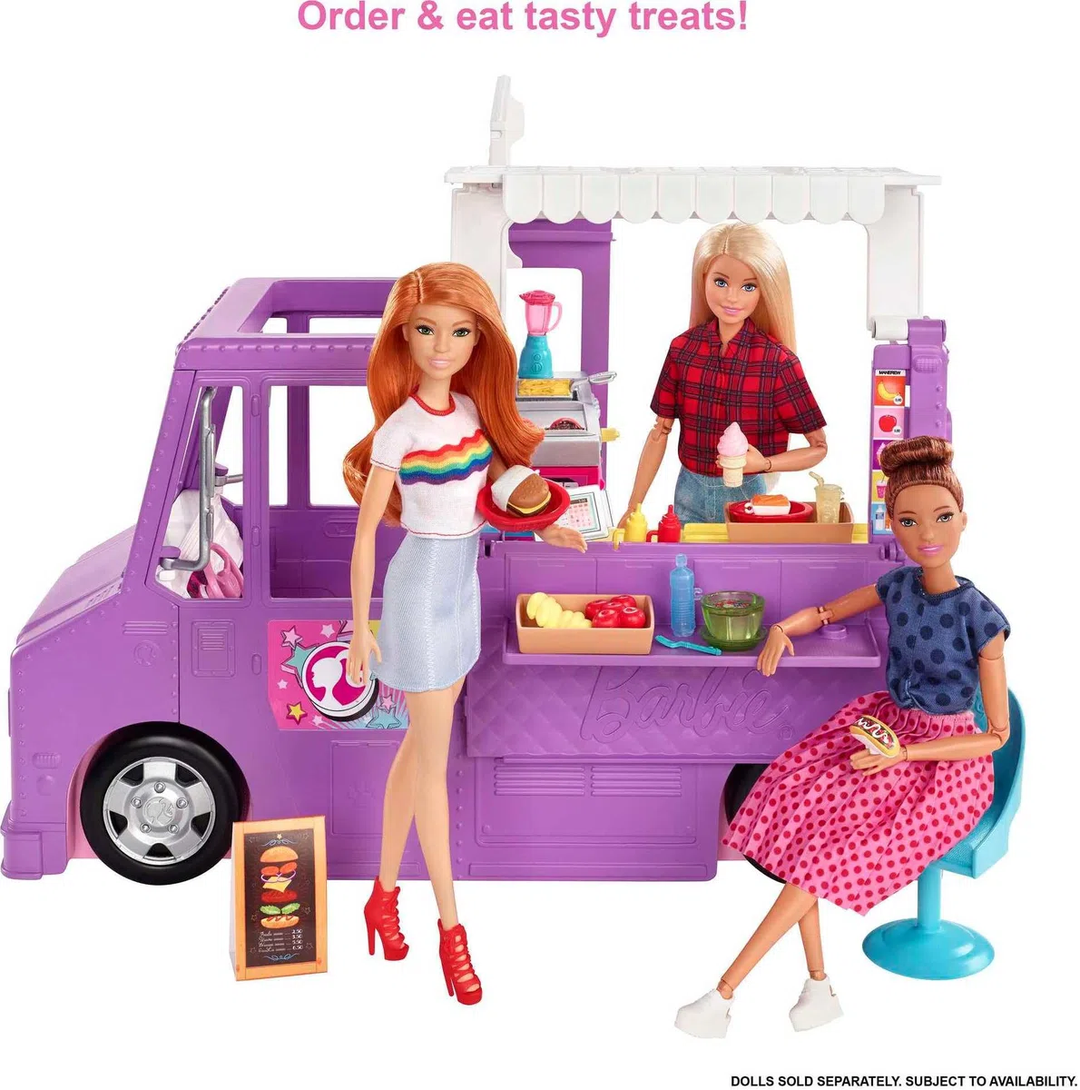 Barbie Fresh 'n' Fun Food Truck, lila Food Truck mit 30 Zubehörteilen, Puppen, Geschenk für Kinder ab 3 Jahre,GMW07