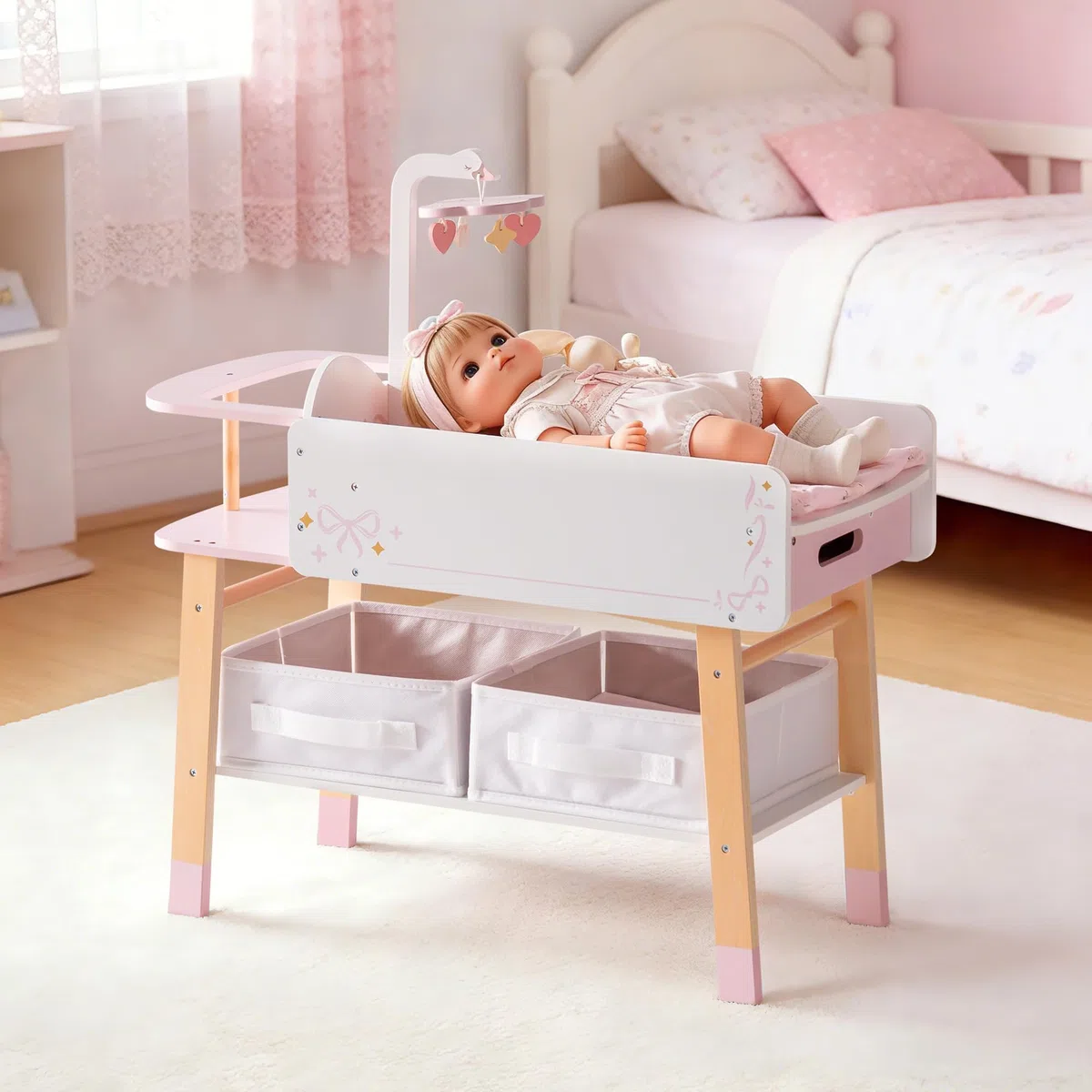 ROBUD Puppen Wickeltisch mit Hochstuhl für 45 cm Puppen, 2-in-1 Puppenmöbel Holz mit Waschbecken & Aufbewahrung, Puppenwickeltisch Puppenpflege Station, Geschenk für Mädchen ab 3 Jahren