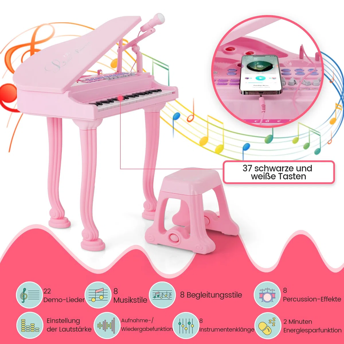 COSTWAY Kinder Keyboard mit 37 Tasten & Hocker, elektronische Klaviertastatur tragbar mit Mikrofon, LED-Lehrmodus, Aufnahme- & Wiedergabefunktion, Musikinstrument für Kinder ab 3 Jahre (Rosa)