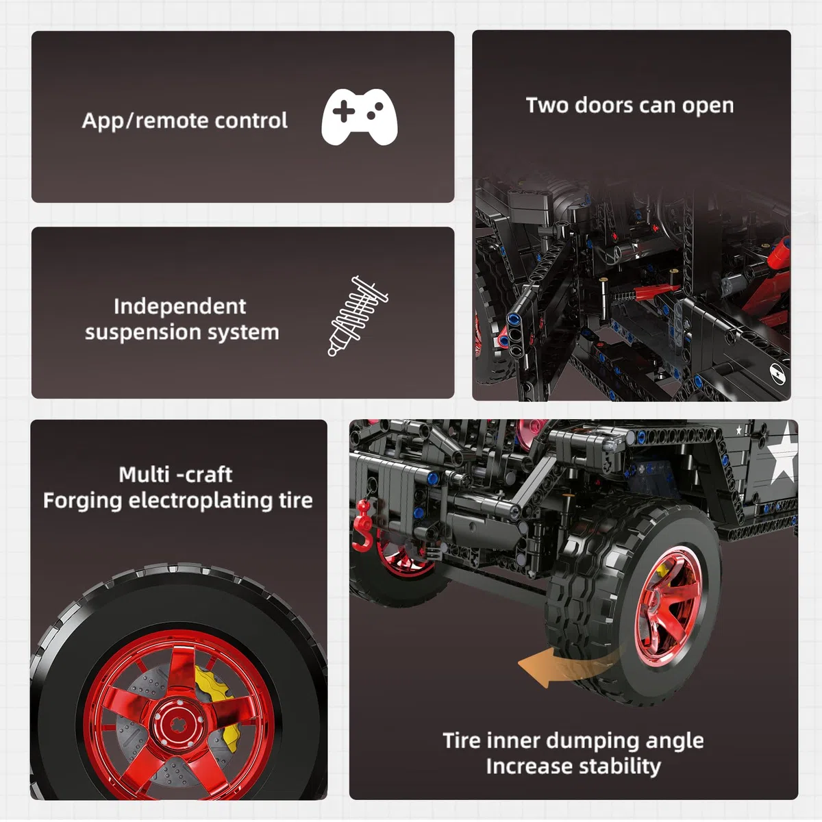 MOCBROPCS Technik Geländefahrzeug Bausteinspielzeug Offroad-Fahrzeug Wrangler Schwarzer Krieger Bausätze im Maßstab 1/8, Geschenk für Erwachsene und Teenager ab 14 Jahren (2272 Teile)