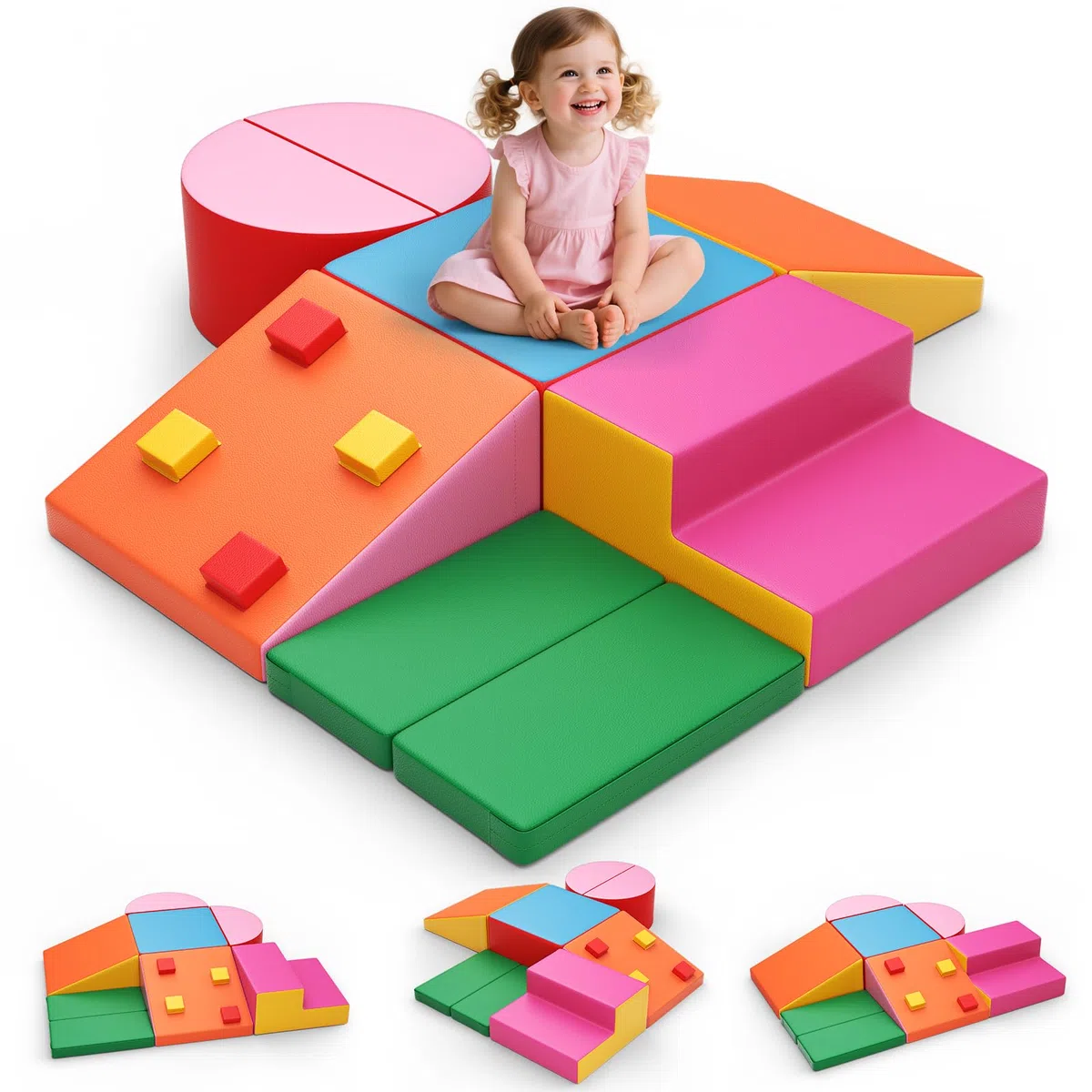 Baby-Schaumstoffbausteine, Softplay-Set für Kleinkinder von 1–3 Jahren, Baby-Kletterturm mit Rutsche, große Bausteine ​​für Kleinkinder (bunt-7-Lederabdeckung)