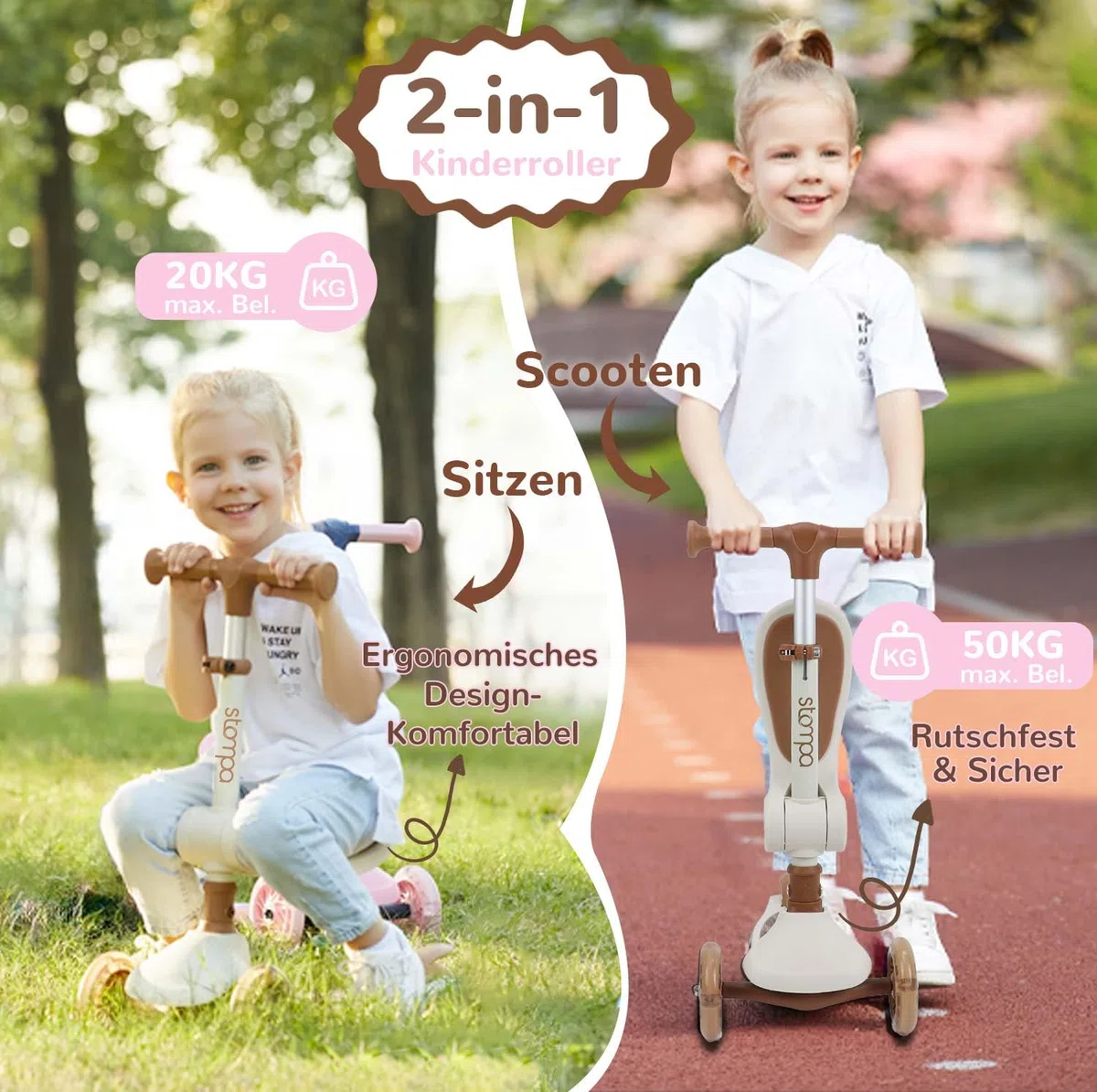 Stompa Roller Kinder 2 Jahre Scooter 2 in 1 Kinderroller ab 2 Jahre bis zu 50 kg mit Klappbar Sitz &LED Räder, Höhenverstellbarer, Faltbar Tretroller Dreirad Roller für Kleinkinder Jungen Mädchen