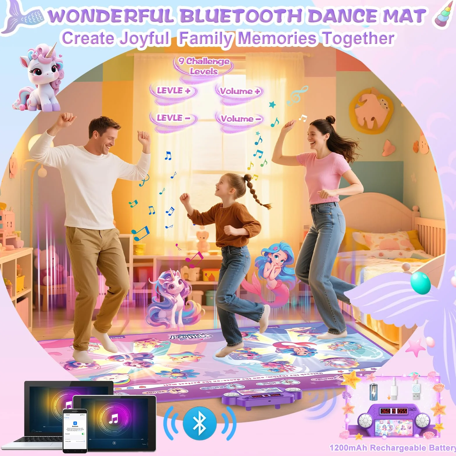 2026 Upgraded Bluetooth Tanzmatte für 2 Kinder, Rechargeable 2-Spieler Interaktiv tanzmatten (4 Upgraded-Modi), Kindertanzmatten mit LED Batterie box, Geburtstag Geschenk für Mädchen/Jungen 3-12, Pink