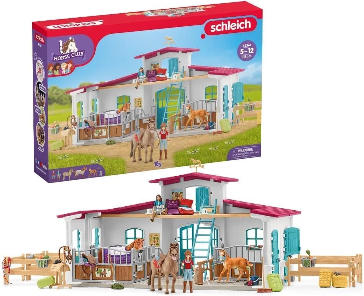 schleich HORSE CLUB | Reiterhof 42567 | Pferdestall mit Hannah, Lisa, 3 Pferden, Pferdeboxen und viel Zubehör | Geschenk für Mädchen & Jungen | Kinder Pferde Spielzeug ab 5 Jahren | Set aus 115 Teilen
