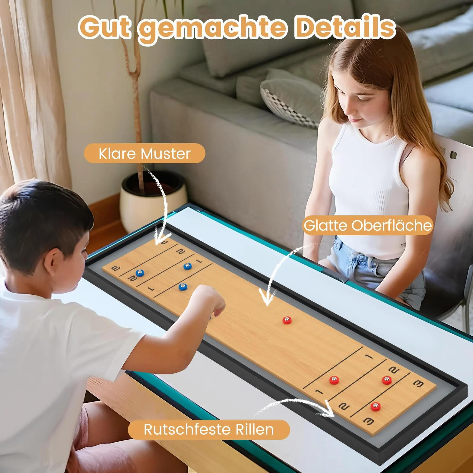 COSTWAY 2 in 1 Shuffleboard & Curling, 114 x 32 cm Brettspiele mit 8 Pucks, tragbares Tisch-Shuffleboard, Table Top Game aus Holz, Tischkegelspiel für Kinder, Erwachsene
