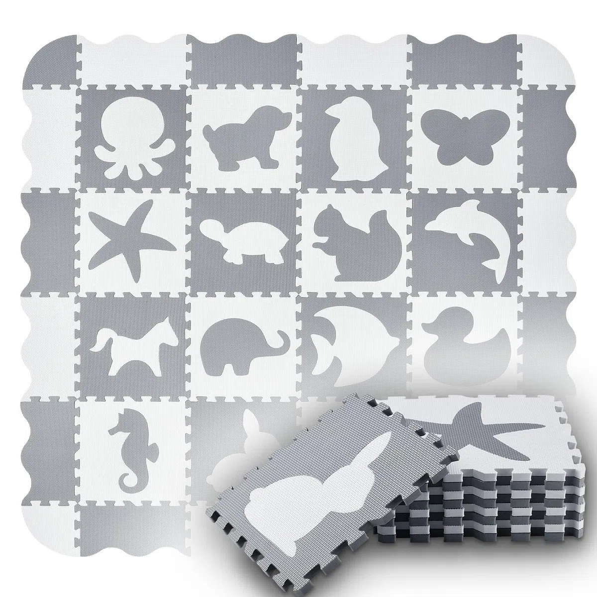 Juskys Kinder Puzzlematte Timon 36 Teile mit 16 Tieren in grau weiß - rutschfest & abwischbar Puzzle ab 10 Monate - Eva Schaumstoff - Spielmatte