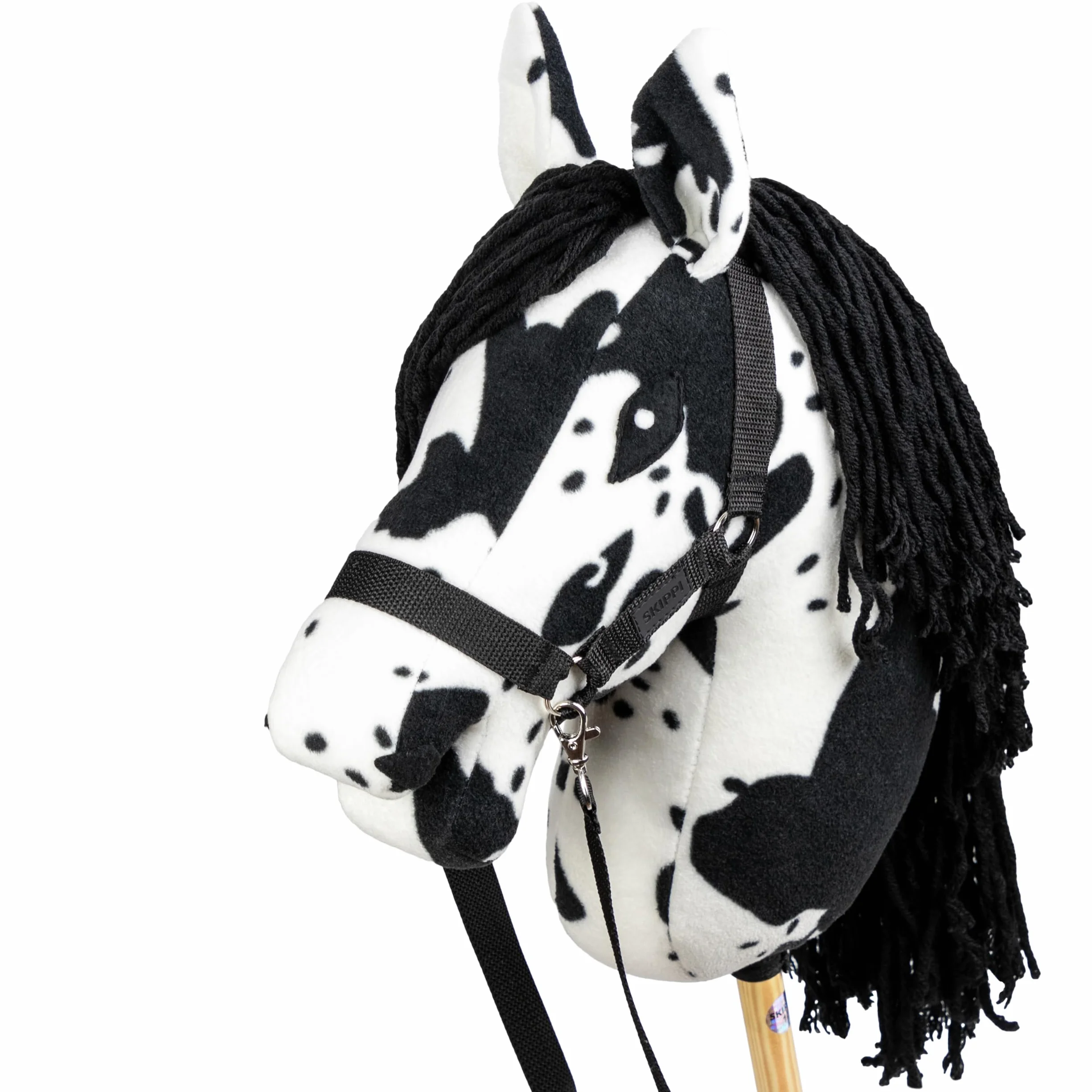 SKIPPI Hobby Horse Rappschecke, Steckenpferd mit Halfter und Zügeln im Set, Schecke Hobby Horsing Pferd A3, Weißes Pferd mit Schwarzen Flecken