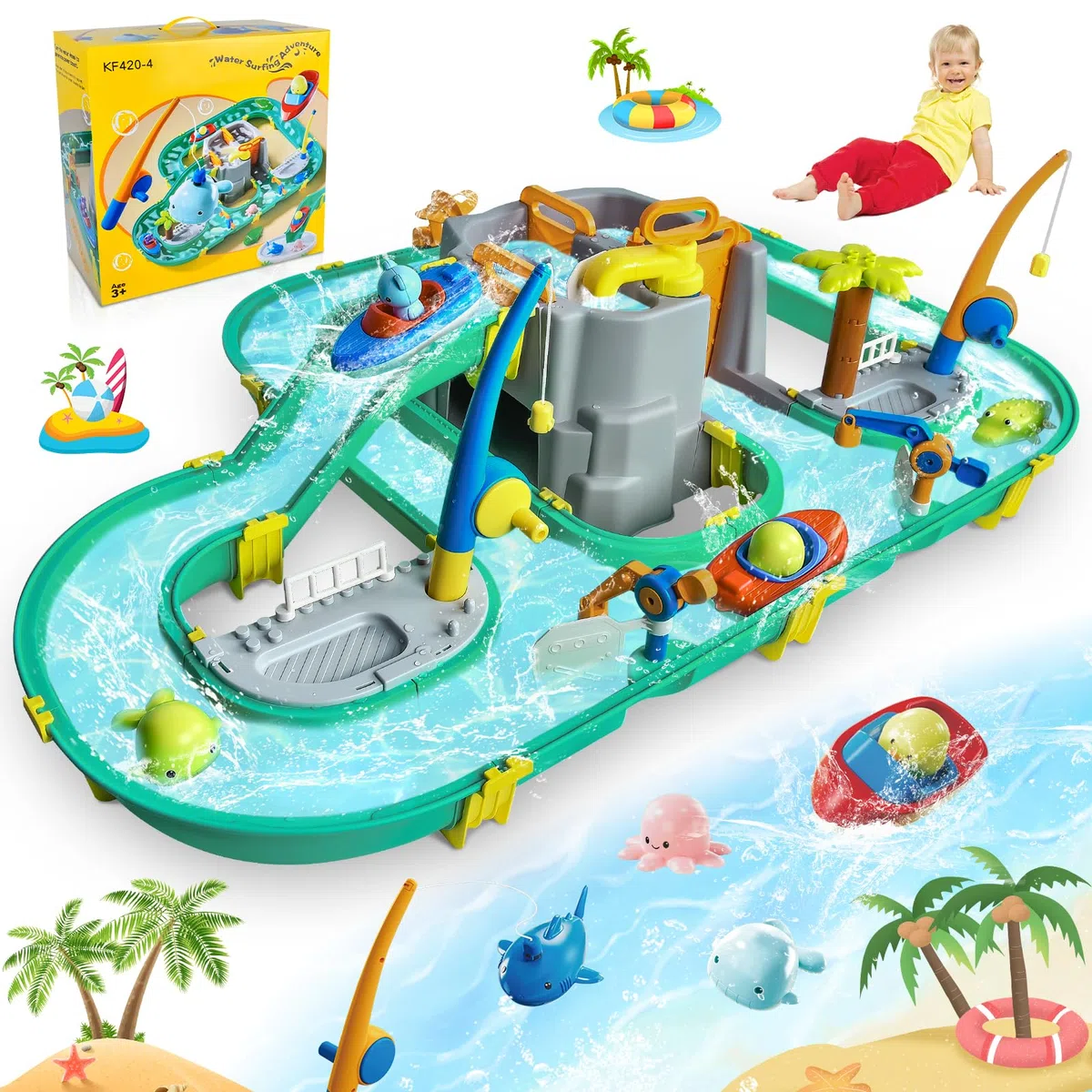 JONRRYIN Wassertisch Spielzeug, Wassertisch Kinder Draußen Spielzeug, Strandspielzeug Wasserbahn Set Wasserpark Spielset mit 2 Booten und Angelfunktion, Sommer Wasserspielzeug für Kinder 3+ Jahr