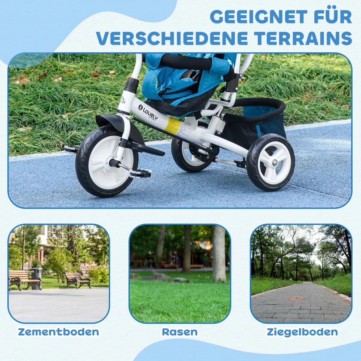 HOMCOM Dreirad 6-in-1 mit Schubstange für 1-5 Jahre Kinder bis 25kg, Kinderdreirad mit Vorwärts und Rückwärtsfahrt, Korb Tasche Becherhalter Sonnendach, Blau