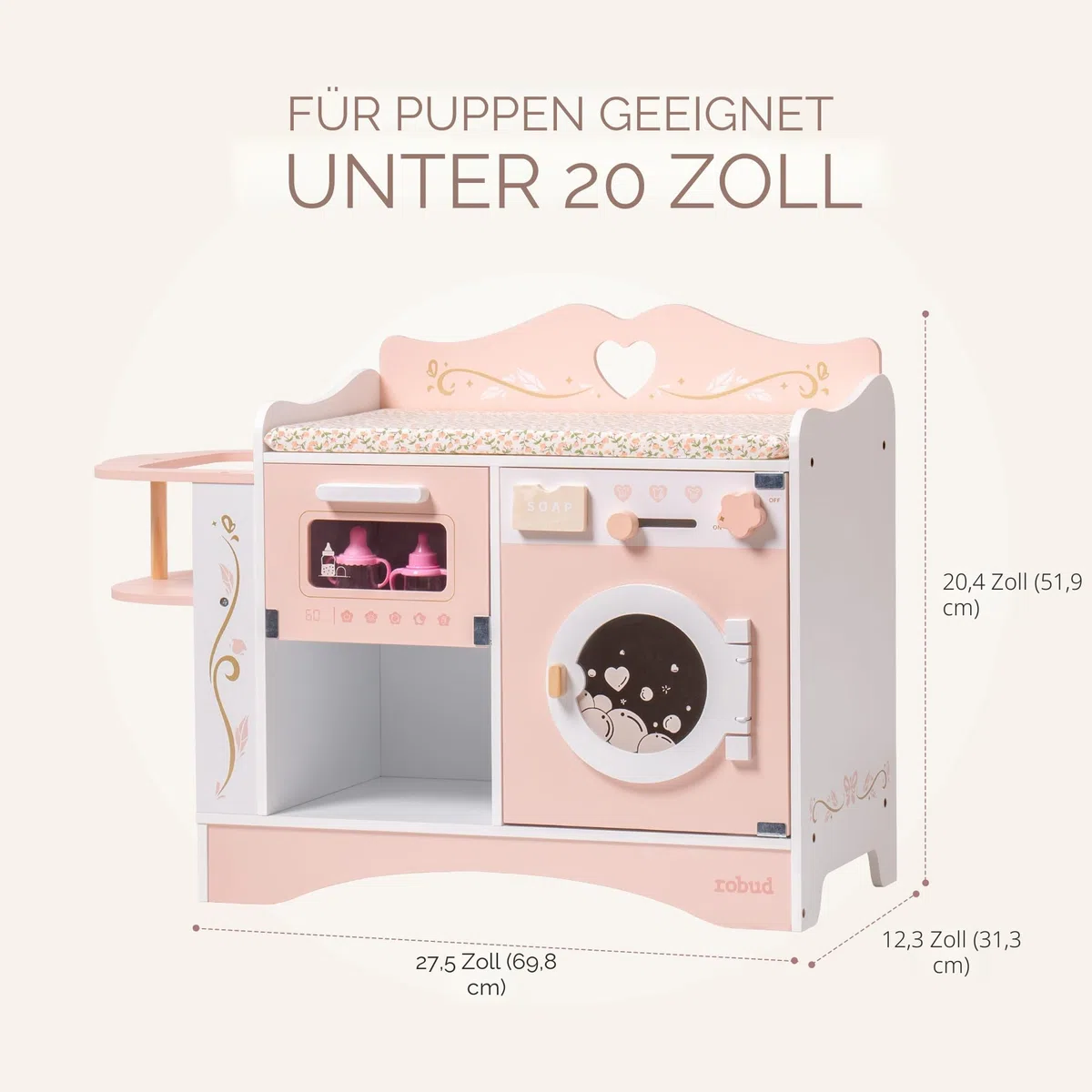 ROBUD Holzpuppen-Wickelstation, 4-in-1 Kleinkind-Puppen-Wickeltisch mit Waschmaschine & Flaschensterilisator, Aufbewahrung & Puppensitz, Puppenzubehör für Puppen unter 20", Geschenk für Kinder Rosa