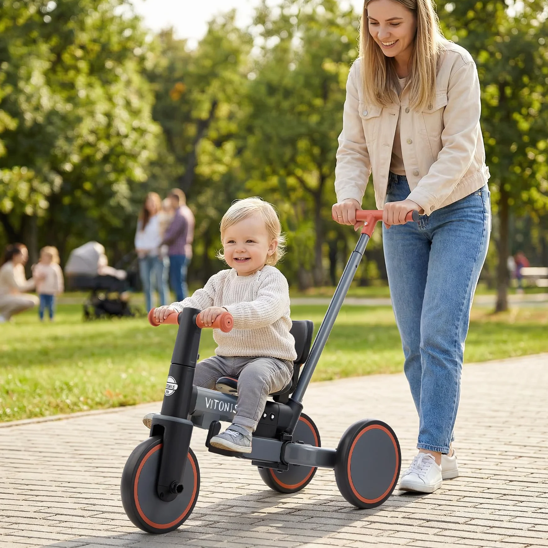 VITONIS 5 in 1 Dreirad, laufrad ab 1 Jahr, Kinderfahrrad mit Schubstange für Kinder 18 Monate-3 Jahre,Jungen Mädchen Geschenk, Grau